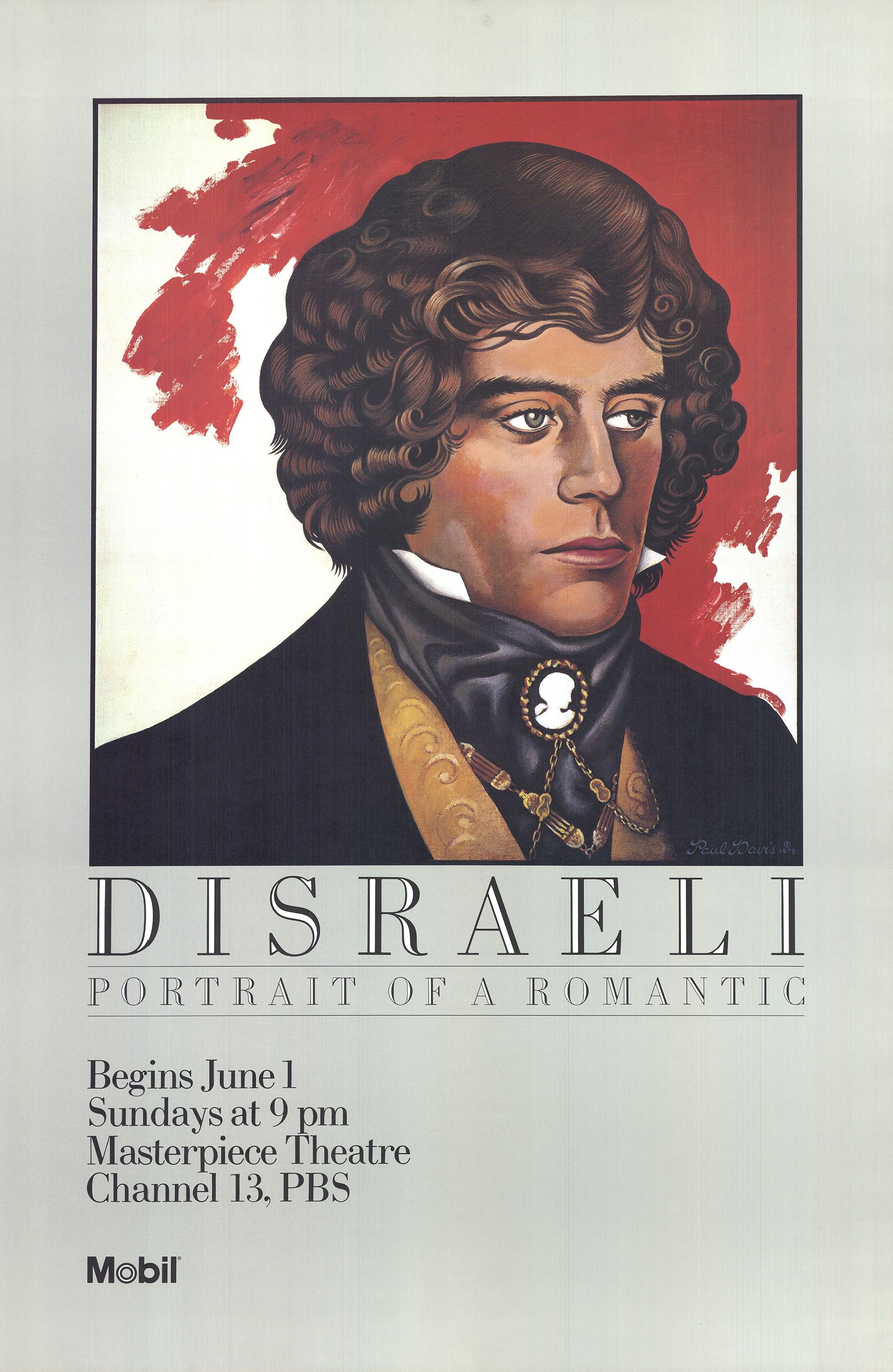 Very large original advertising poster created by Paul Davis in 1979 for Mobil Oil Corporation, the principal sponsor of Masterpiece Theatre. This striking poster was produced to promote the acclaimed television series Disraeli: Portrait of a