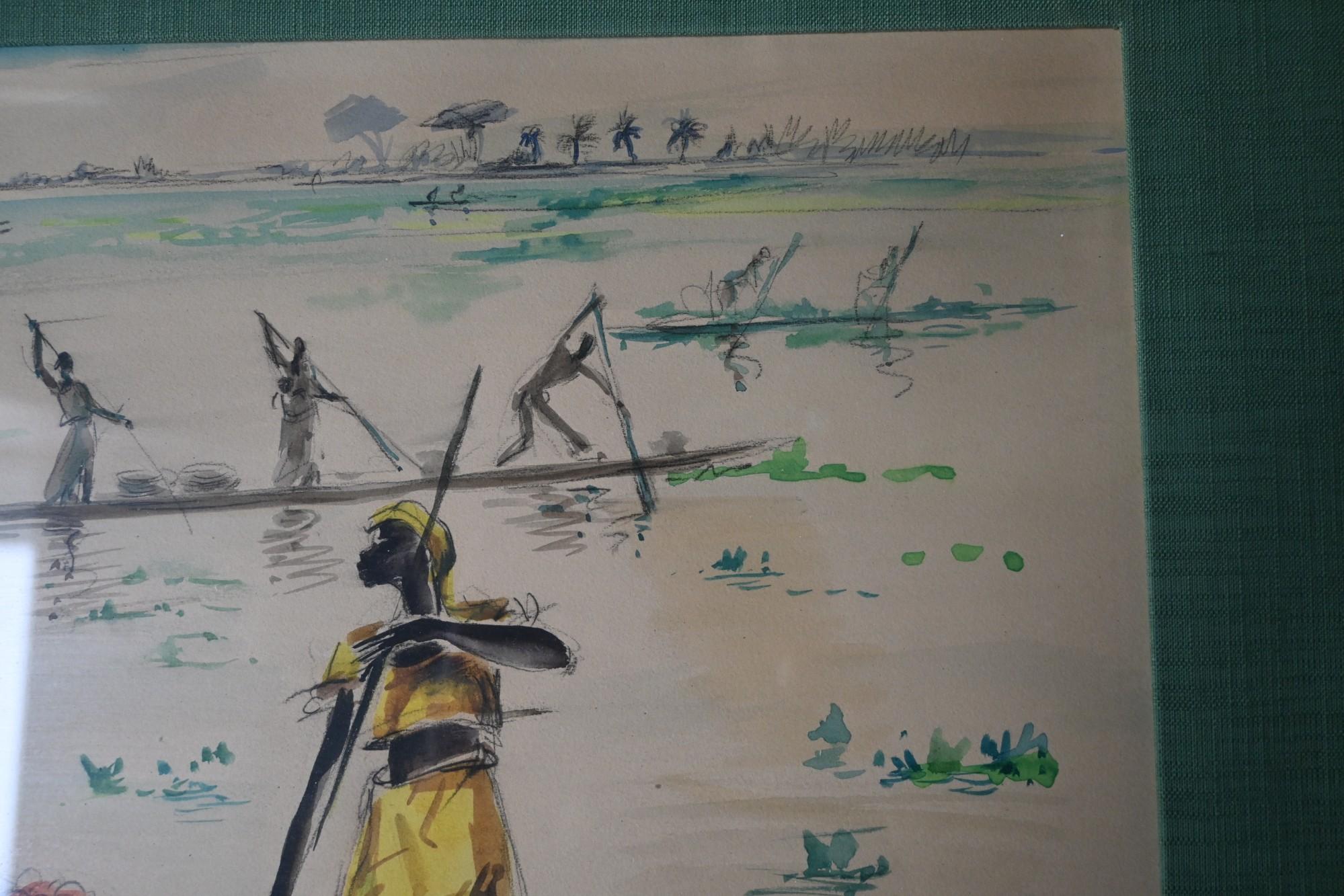 Paul Daxhelet (1905-1993) acquerello africanista, metà del XX secolo In condizioni buone in vendita a Bilzen, BE