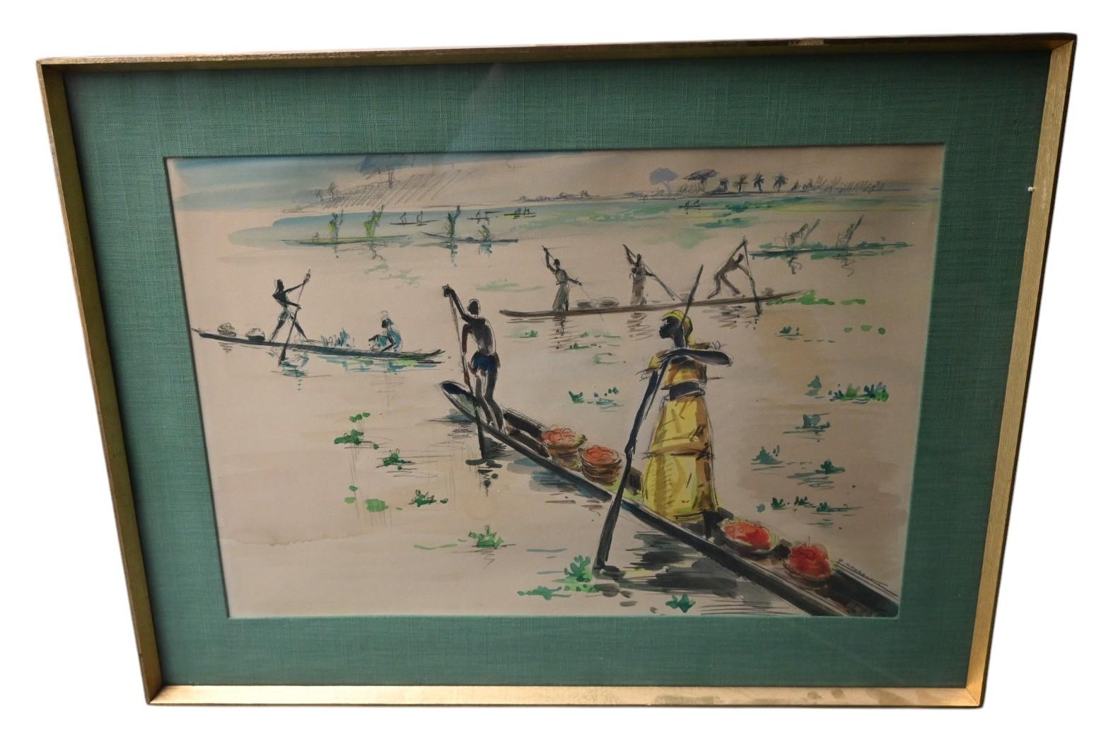 Paul Daxhelet (1905-1993) acquerello africanista, metà del XX secolo in vendita 1
