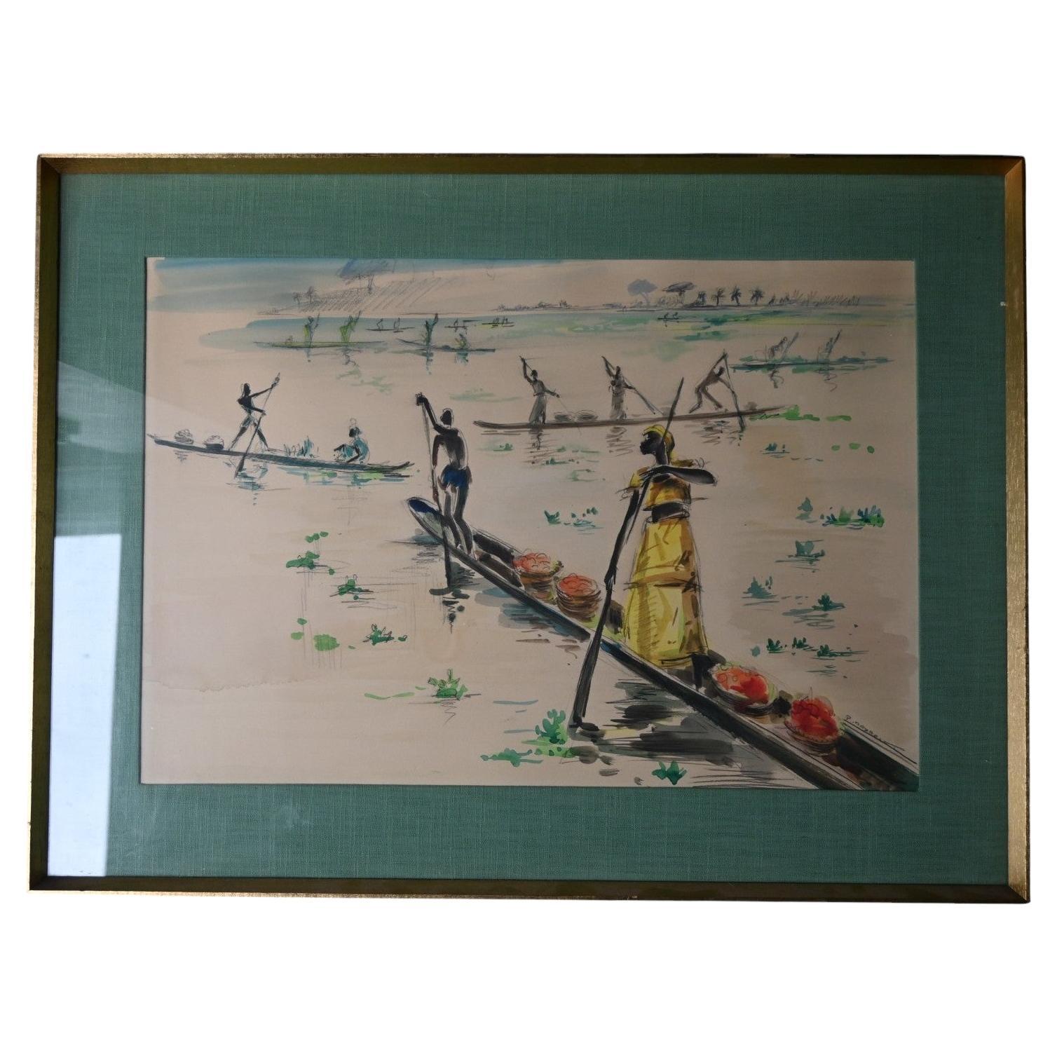 Paul Daxhelet (1905-1993) acquerello africanista, metà del XX secolo in vendita