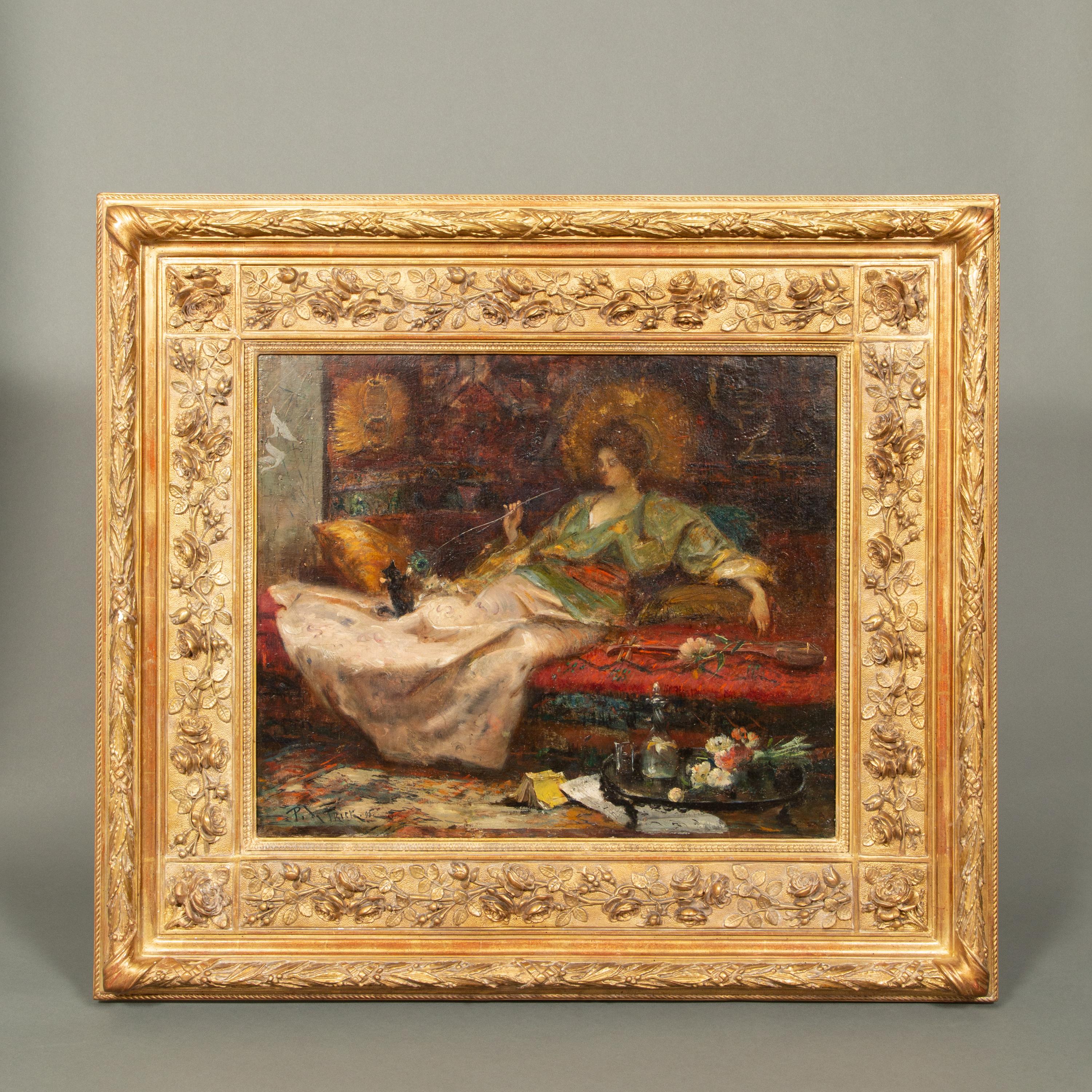 “A Lady playing with a Cat” by Paul De Frick (1864 - Paris - 1935), dated 1896 For Sale 7