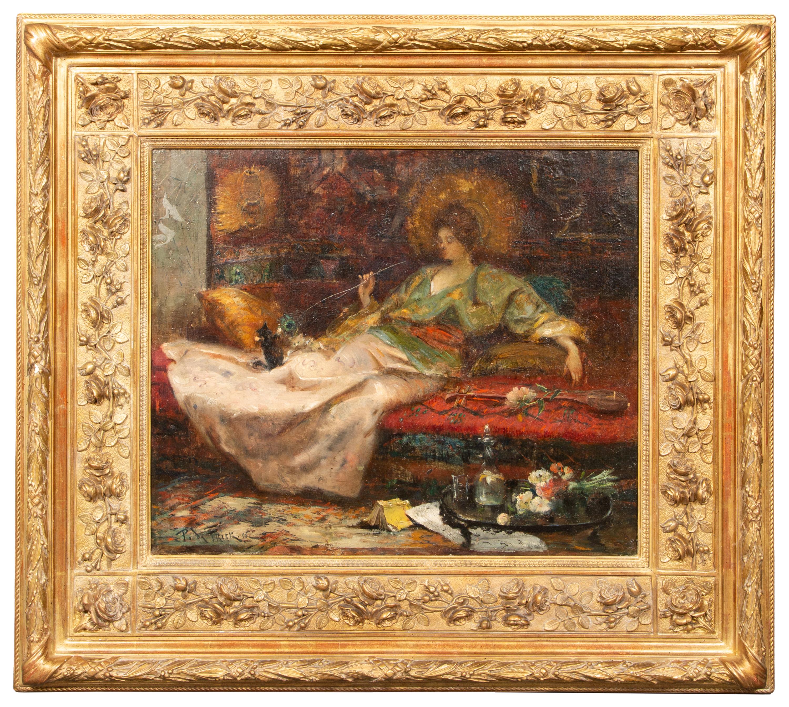 PAUL DE FRICK Animal Painting - “A Lady playing with a Cat” by Paul De Frick (1864 - Paris - 1935), dated 1896