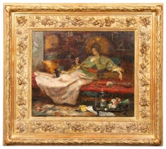 Antique “A Lady playing with a Cat” by Paul De Frick (1864 - Paris - 1935), dated 1896