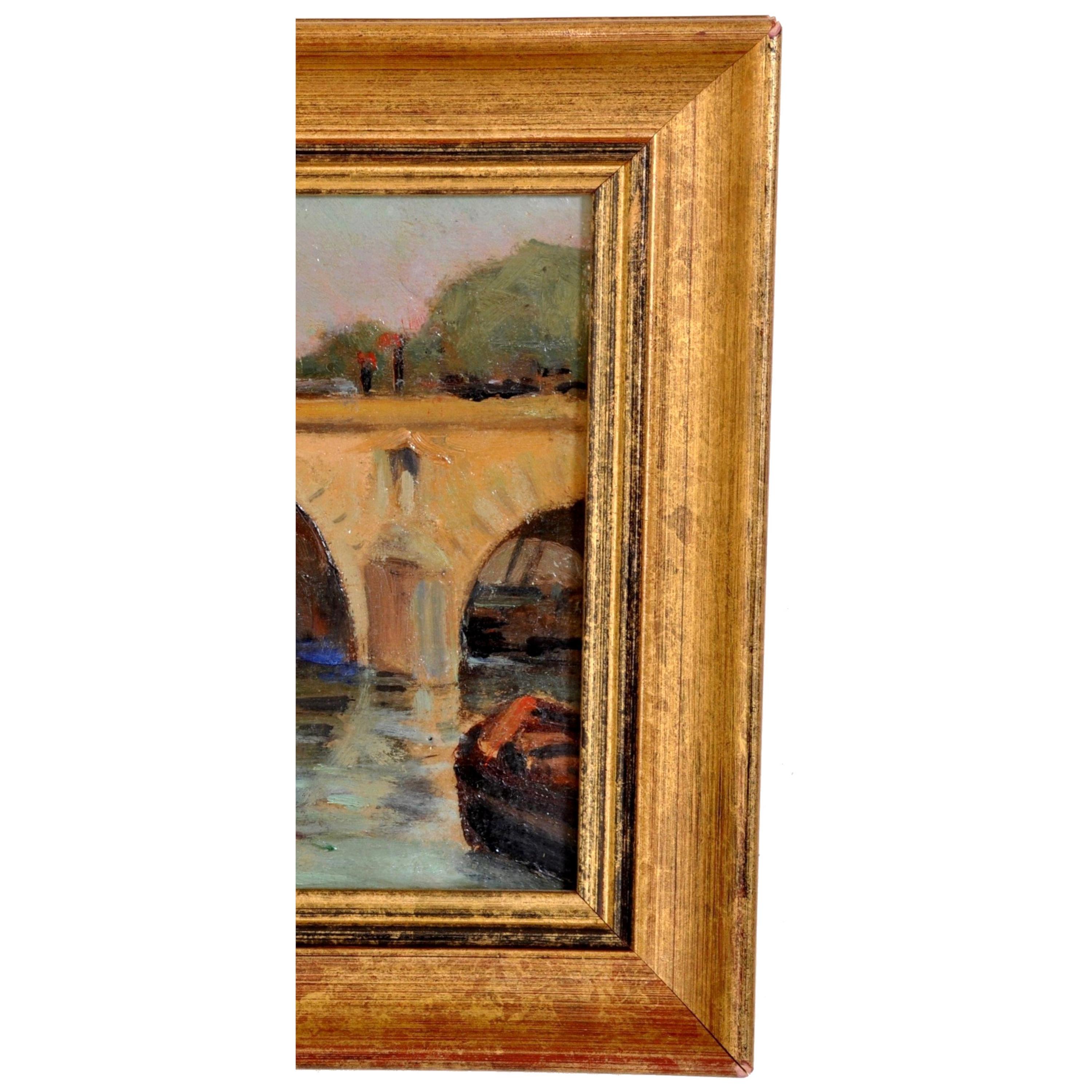 Antique French Impressionist Oil Painting Boat Nearing Bridge Paul de Frick 1900 For Sale 1