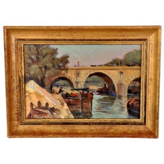 Antique French Impressionist Oil Painting Boat Nearing Bridge Paul de Frick 1900