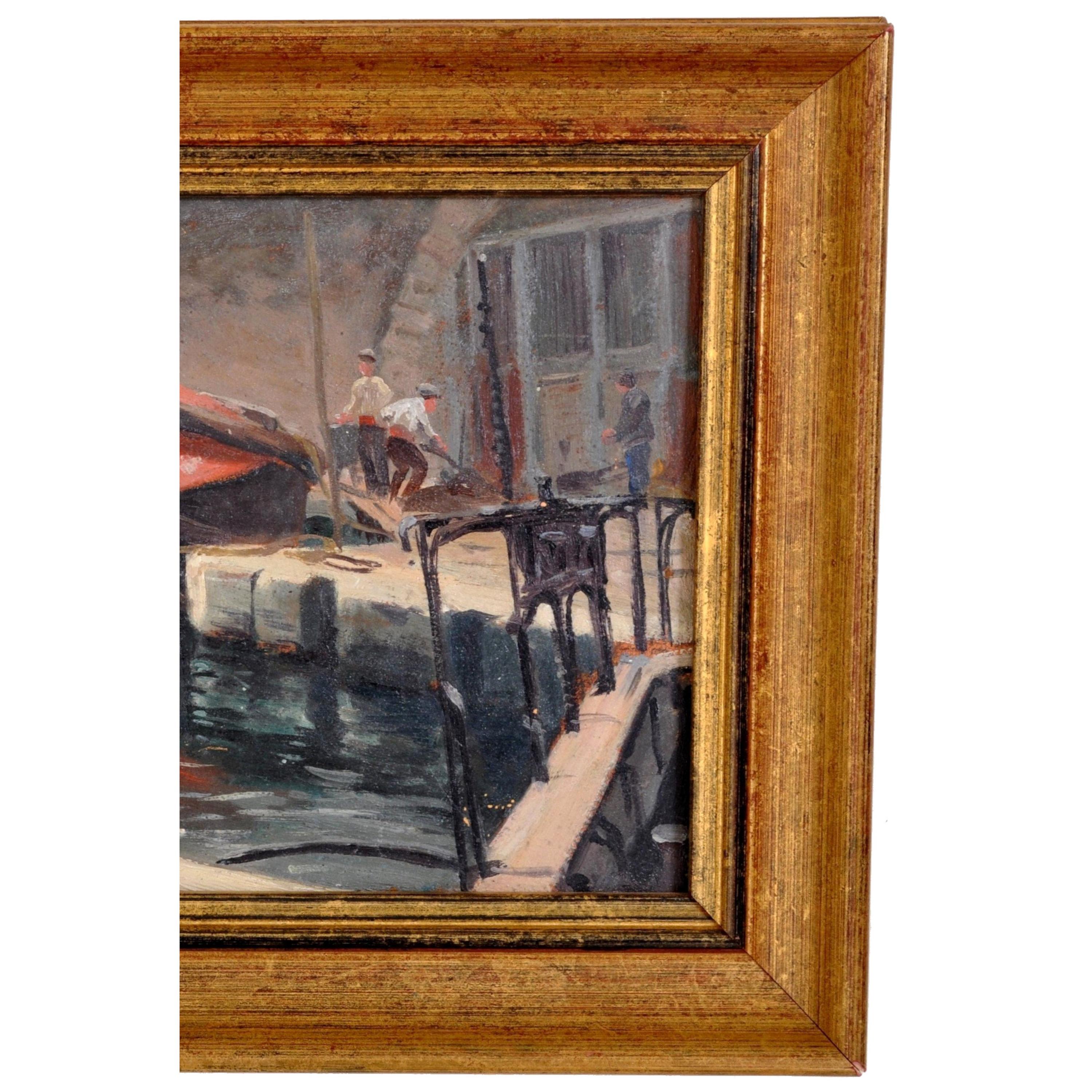 Antique French Impressionist Oil Painting Boat on River Scene Paul de Frick 1900 For Sale 1