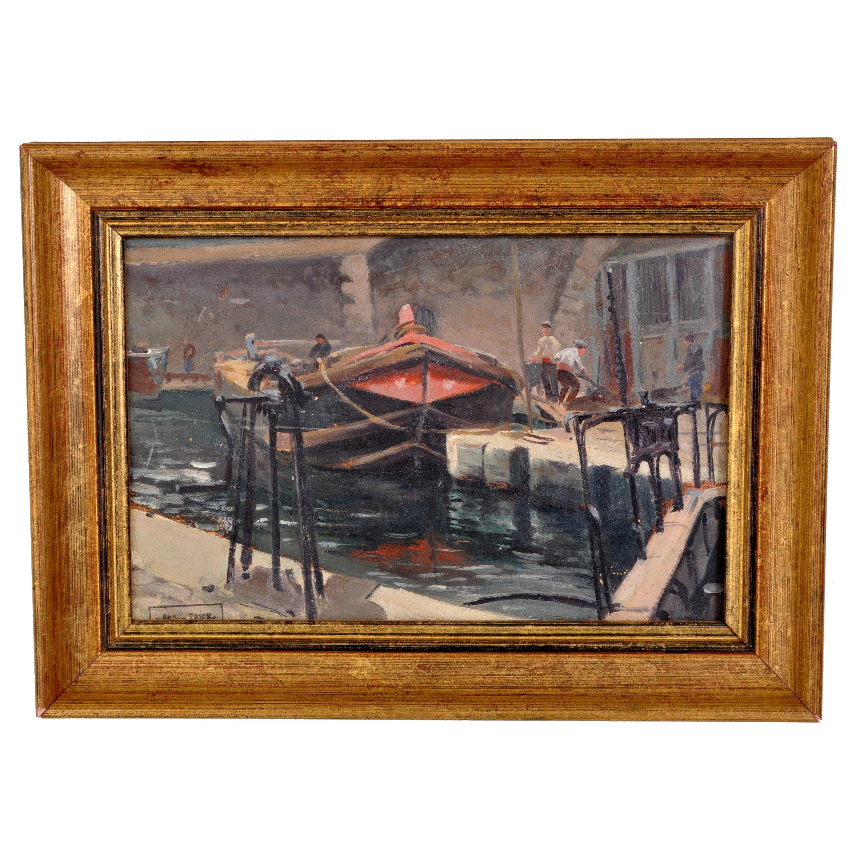 Landscape Painting de PAUL DE FRICK - Antique French Pintura al óleo impresionista Barco en escena fluvial Paul de Frick 1900