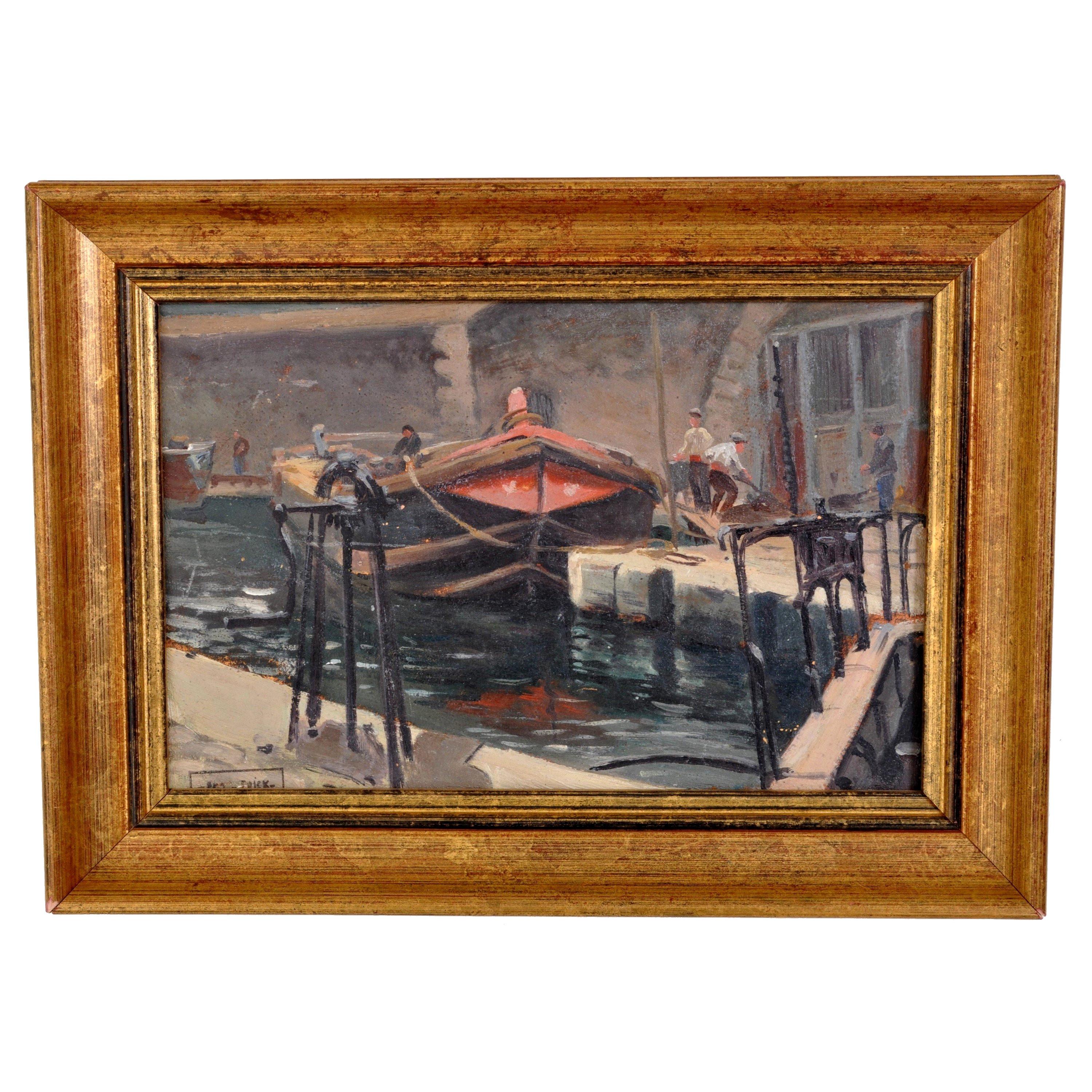 PAUL DE FRICK Landscape Painting - Antique French Impressionist Oil Painting Boat on River Scene Paul de Frick 1900