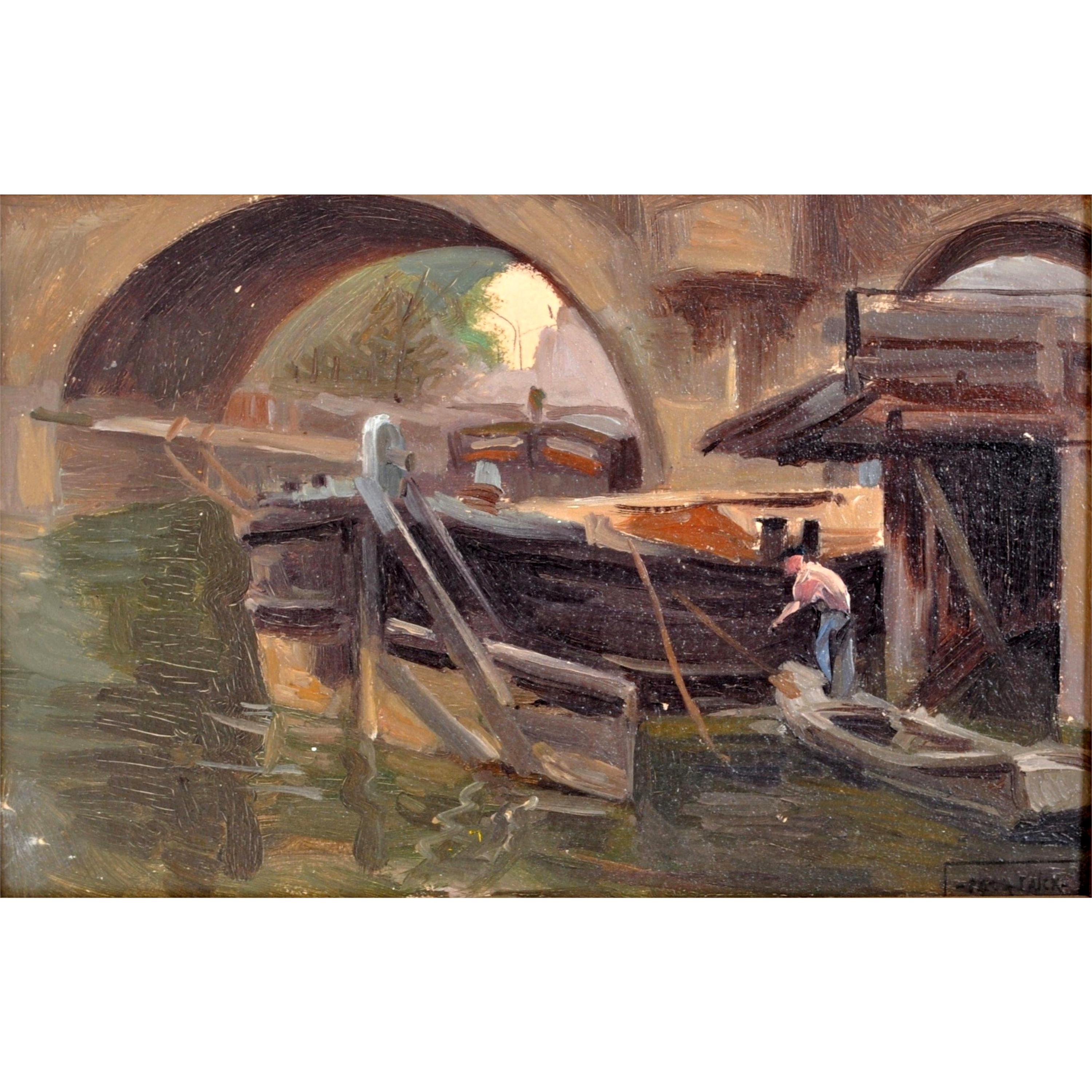  Ancienne peinture à l'huile impressionniste française représentant un bateau à l'huile sur la Seine par Paul de Frick, 1900 - Painting de PAUL DE FRICK