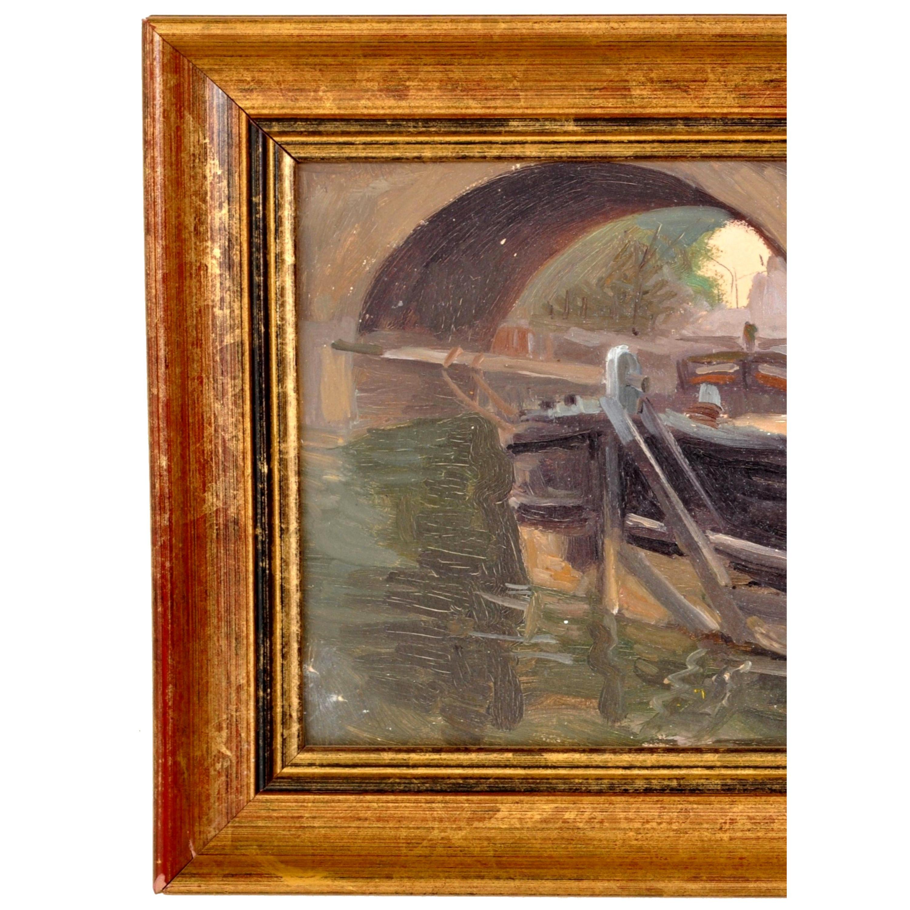  Antikes französisches impressionistisches Ölgemälde, Boot auf dem Seine, Paul de Frick, 1900 (Braun), Landscape Painting, von PAUL DE FRICK