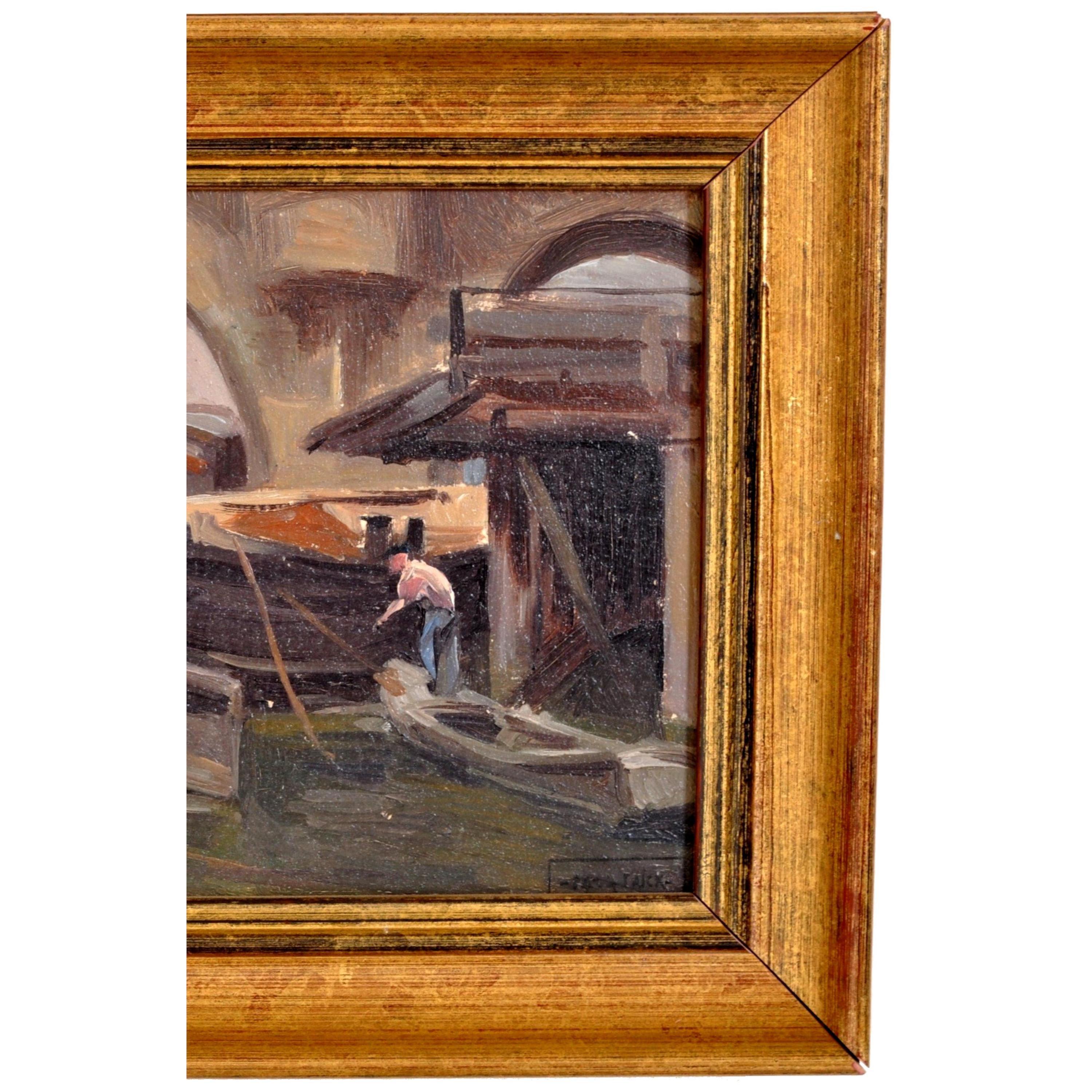  Ancienne peinture à l'huile impressionniste française représentant un bateau à l'huile sur la Seine par Paul de Frick, 1900 - Marron Landscape Painting par PAUL DE FRICK