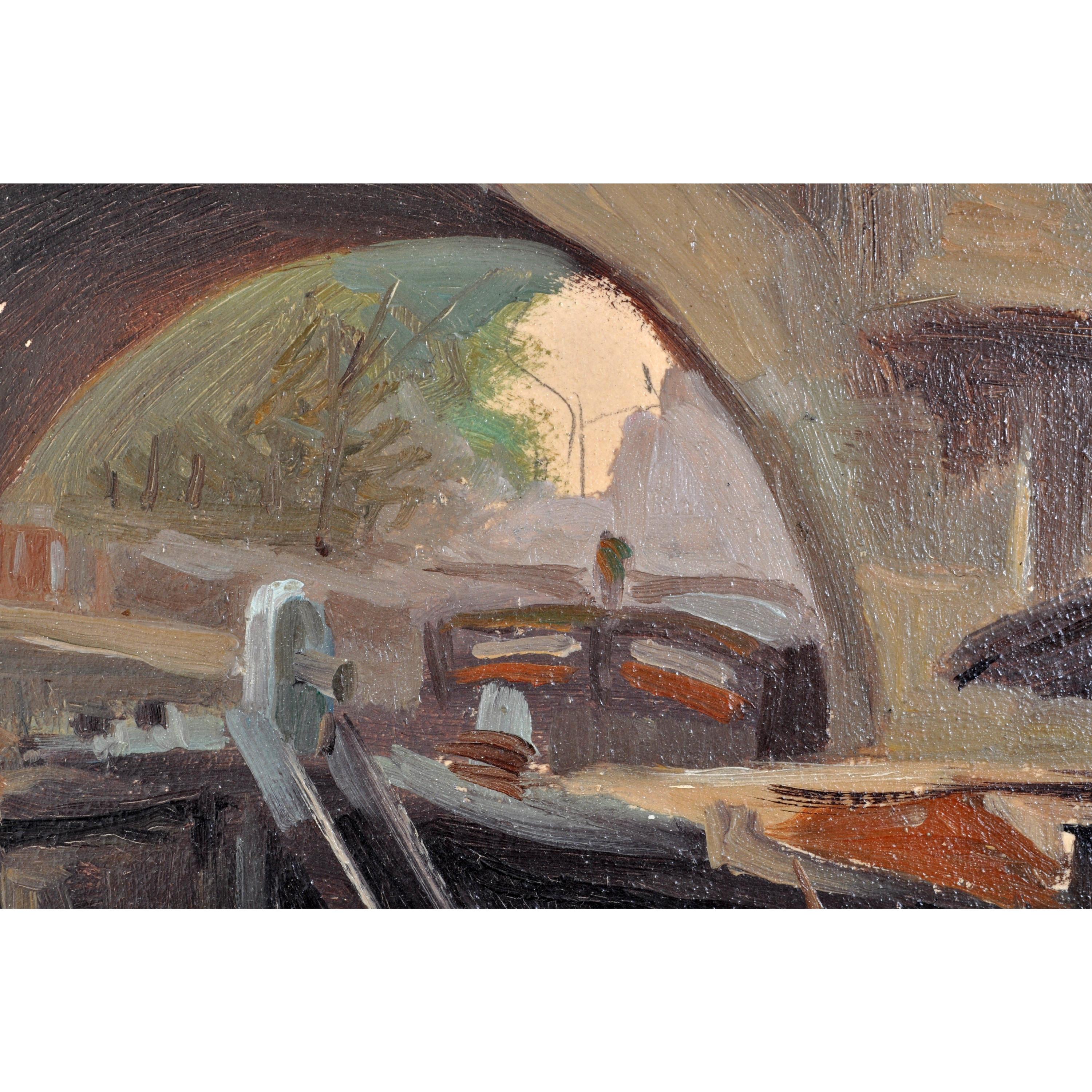  Antikes französisches impressionistisches Ölgemälde, Boot auf dem Seine, Paul de Frick, 1900 im Angebot 1