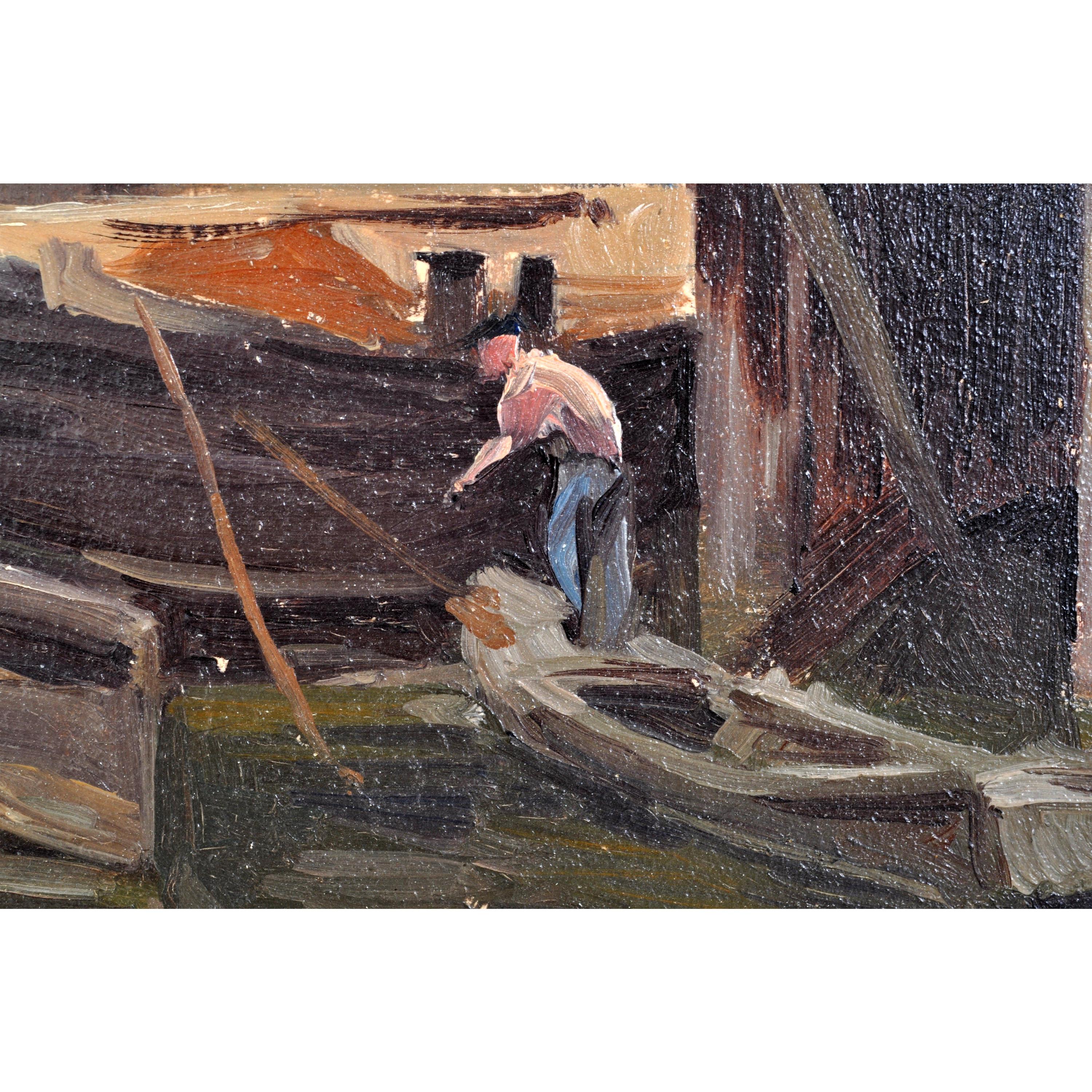  Ancienne peinture à l'huile impressionniste française représentant un bateau à l'huile sur la Seine par Paul de Frick, 1900 en vente 1