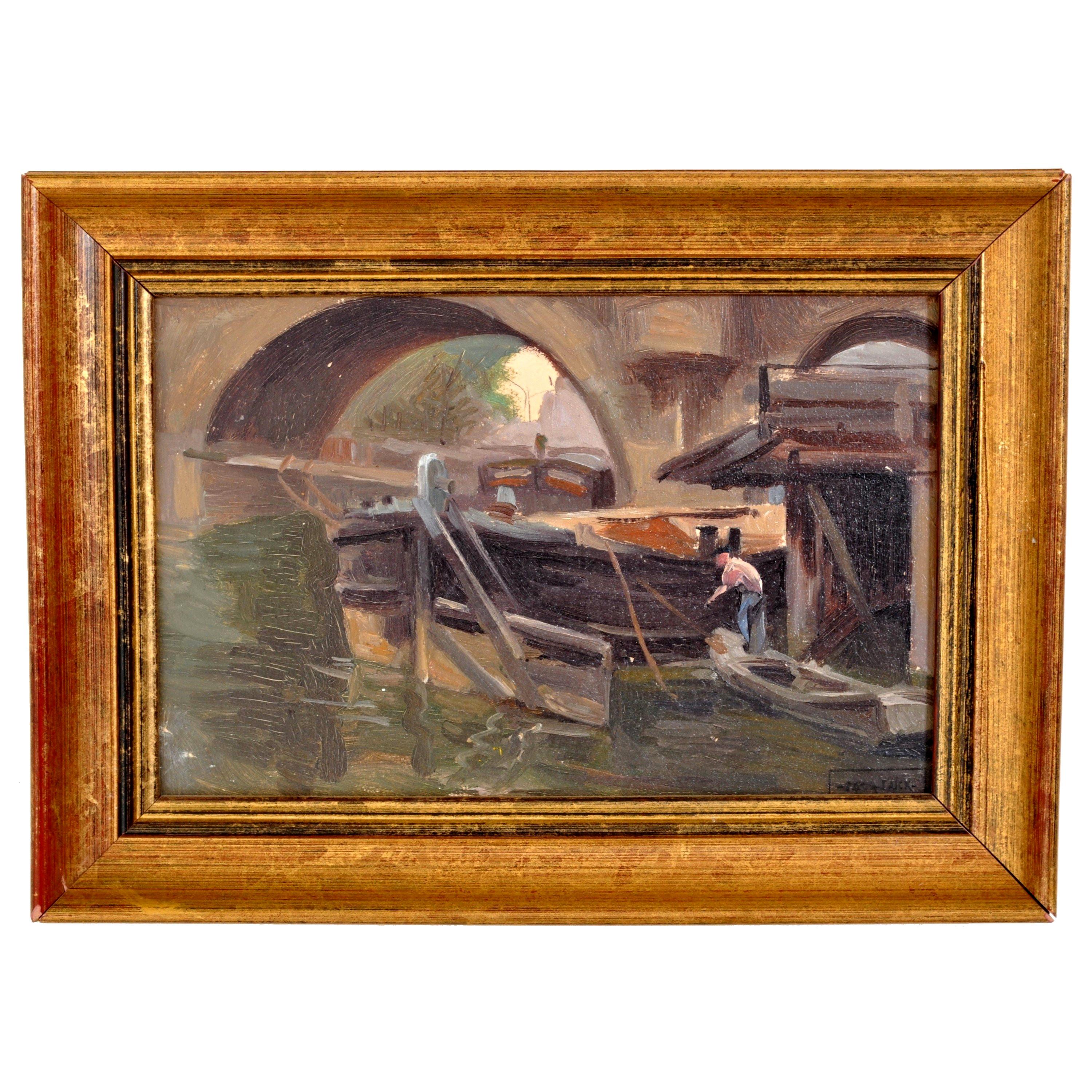  Antique French Impressionist Oil Painting Boat on the Seine Paul de Frick 1900