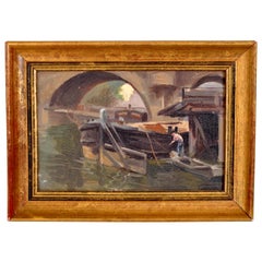  Antikes französisches impressionistisches Ölgemälde, Boot auf dem Seine, Paul de Frick, 1900