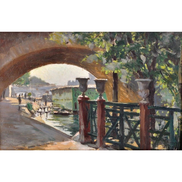 Antique French Impressionist Oil Painting Paris River Scene Paul de Frick 1900 - Brown Landscape Painting by PAUL DE FRICK