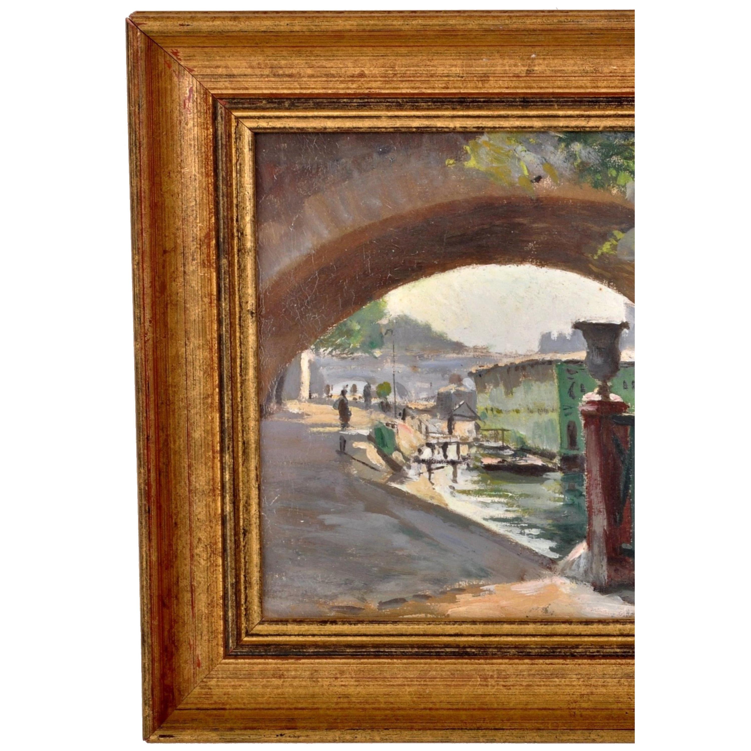 Antikes französisches impressionistisches Ölgemälde, Pariser Flusssszene, Paul de Frick 1900 (Braun), Landscape Painting, von PAUL DE FRICK