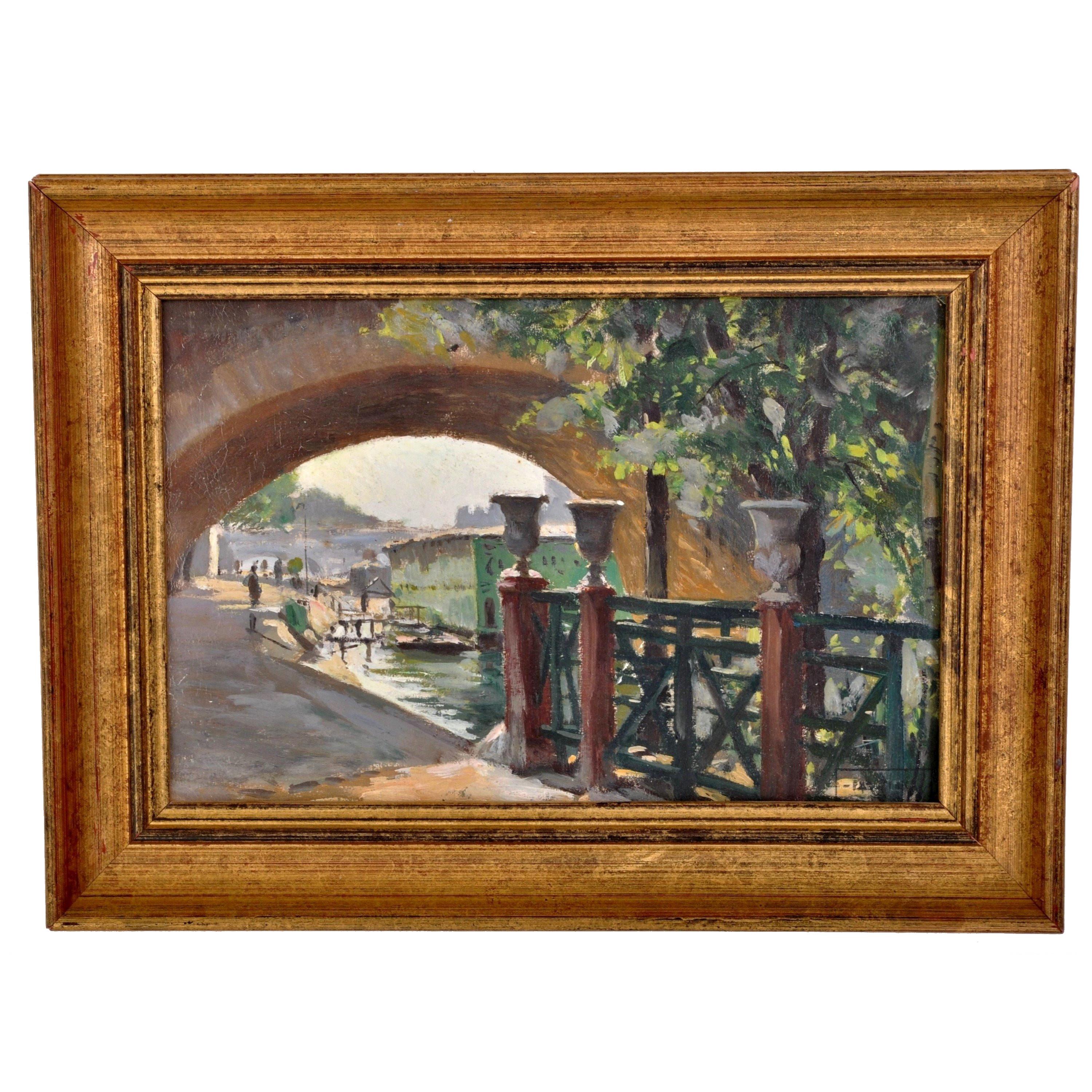 PAUL DE FRICK Landscape Painting – Antikes französisches impressionistisches Ölgemälde, Pariser Flusssszene, Paul de Frick 1900
