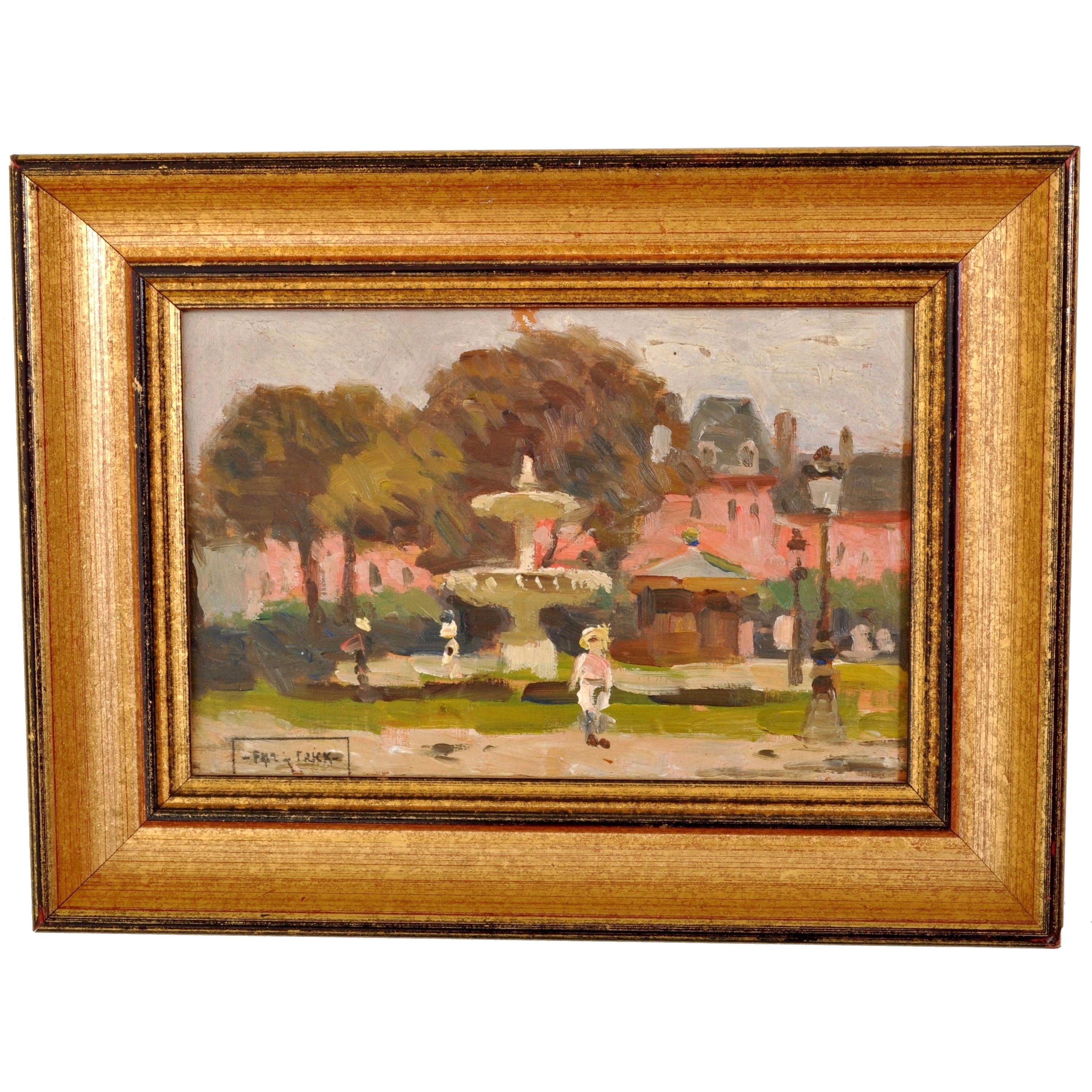 Landscape Painting de PAUL DE FRICK - Antique French Pintura al óleo impresionista "Place des Vosges" París Paul de Frick