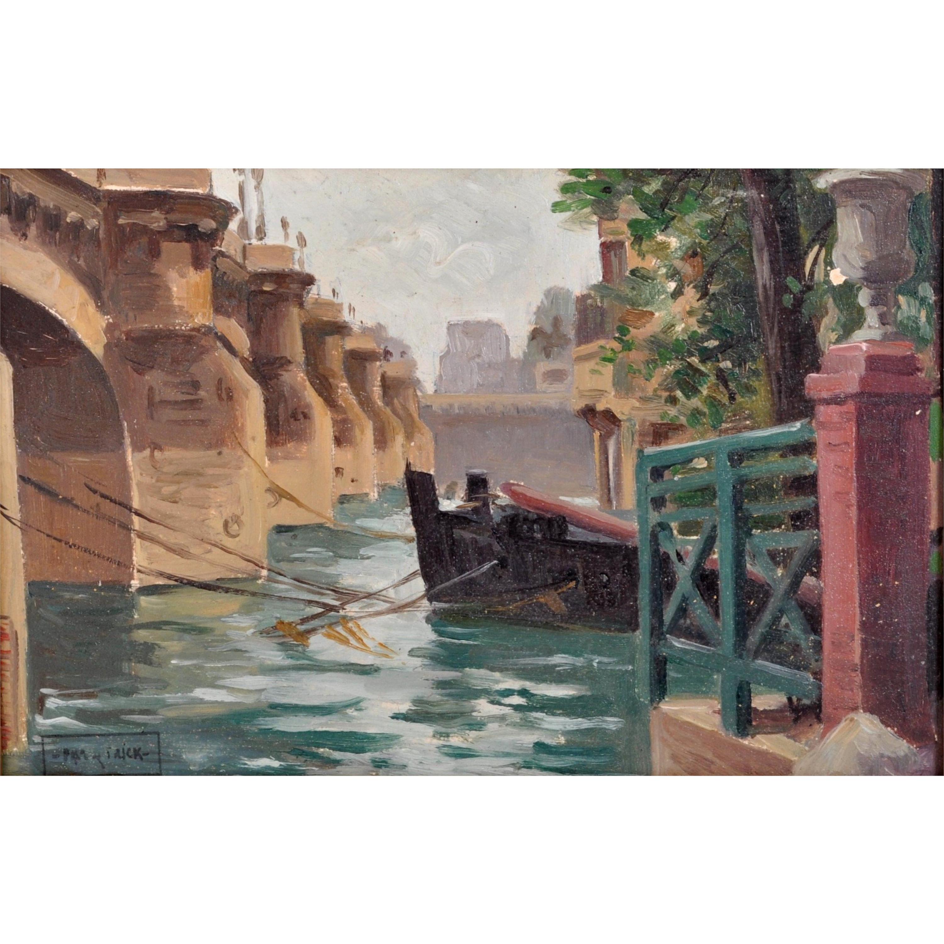 Antique French Pintura al óleo impresionista Pont Neuf París por Paul de Frick 1900 - Painting de PAUL DE FRICK