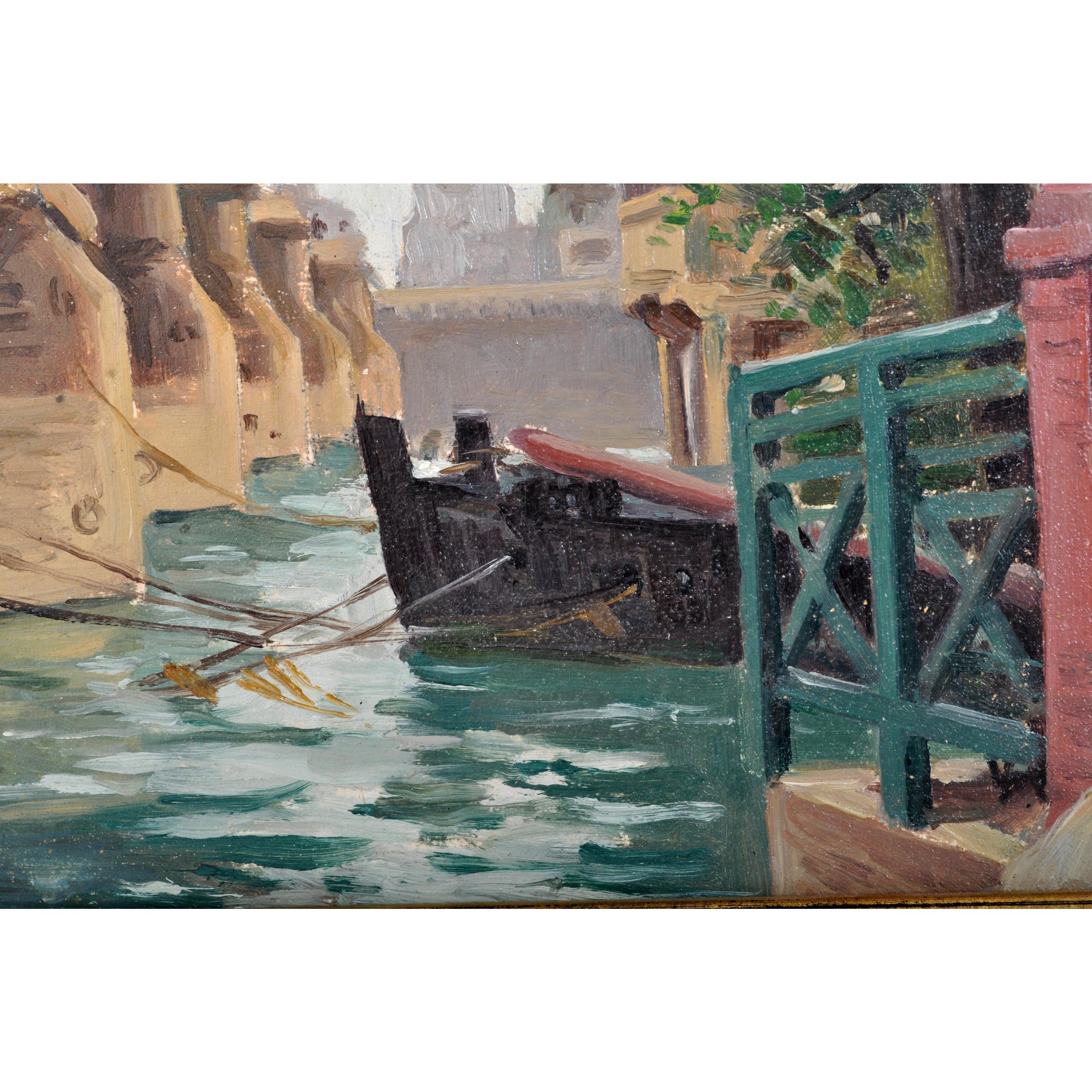 Antique French Pintura al óleo impresionista Pont Neuf París por Paul de Frick 1900 - Landscape Painting Marrón de PAUL DE FRICK