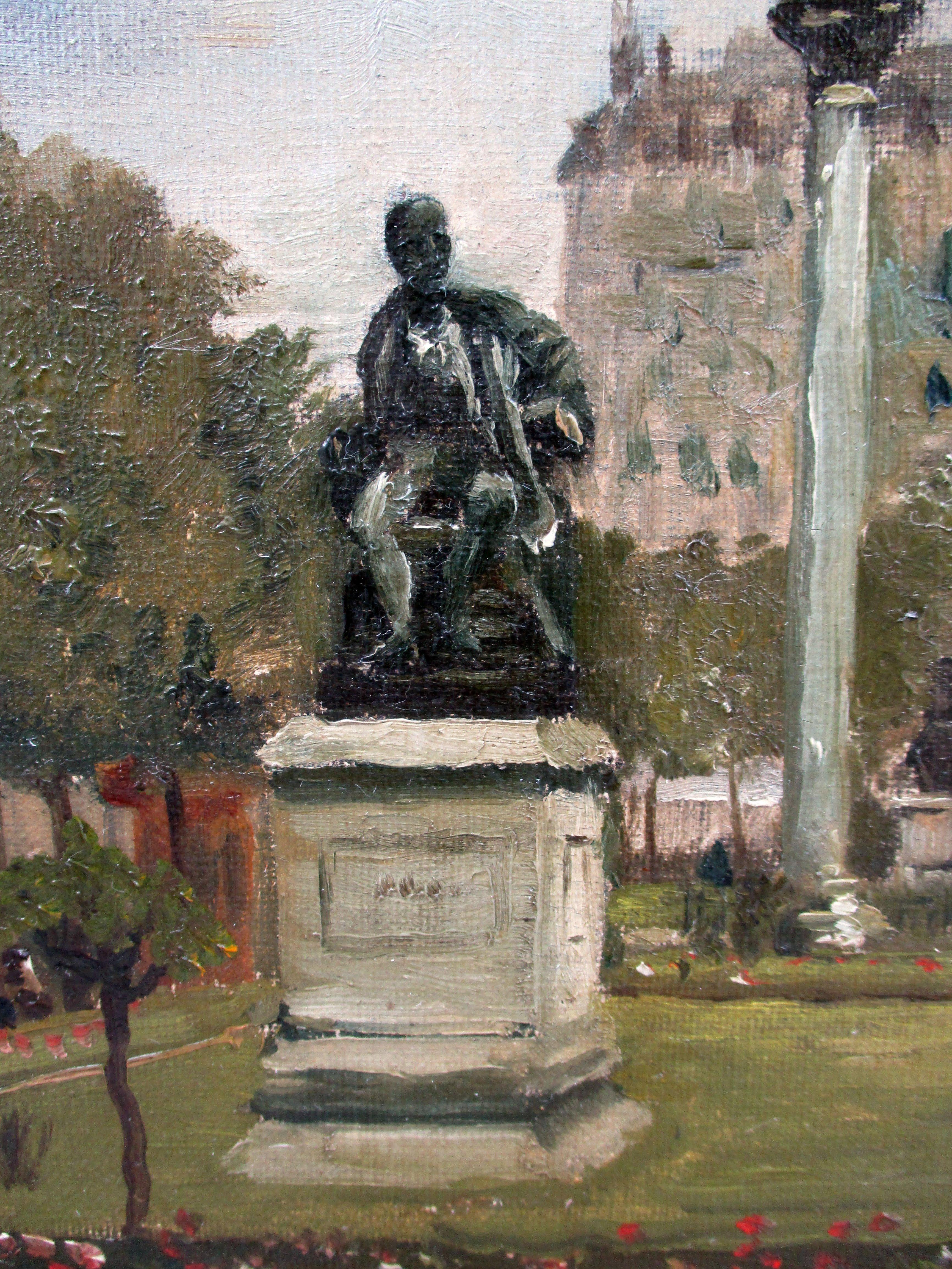 Montmartre and Scare Coeur: the Diderot Sculpture in Square d'Auvers - Impressionist Painting by PAUL DE FRICK