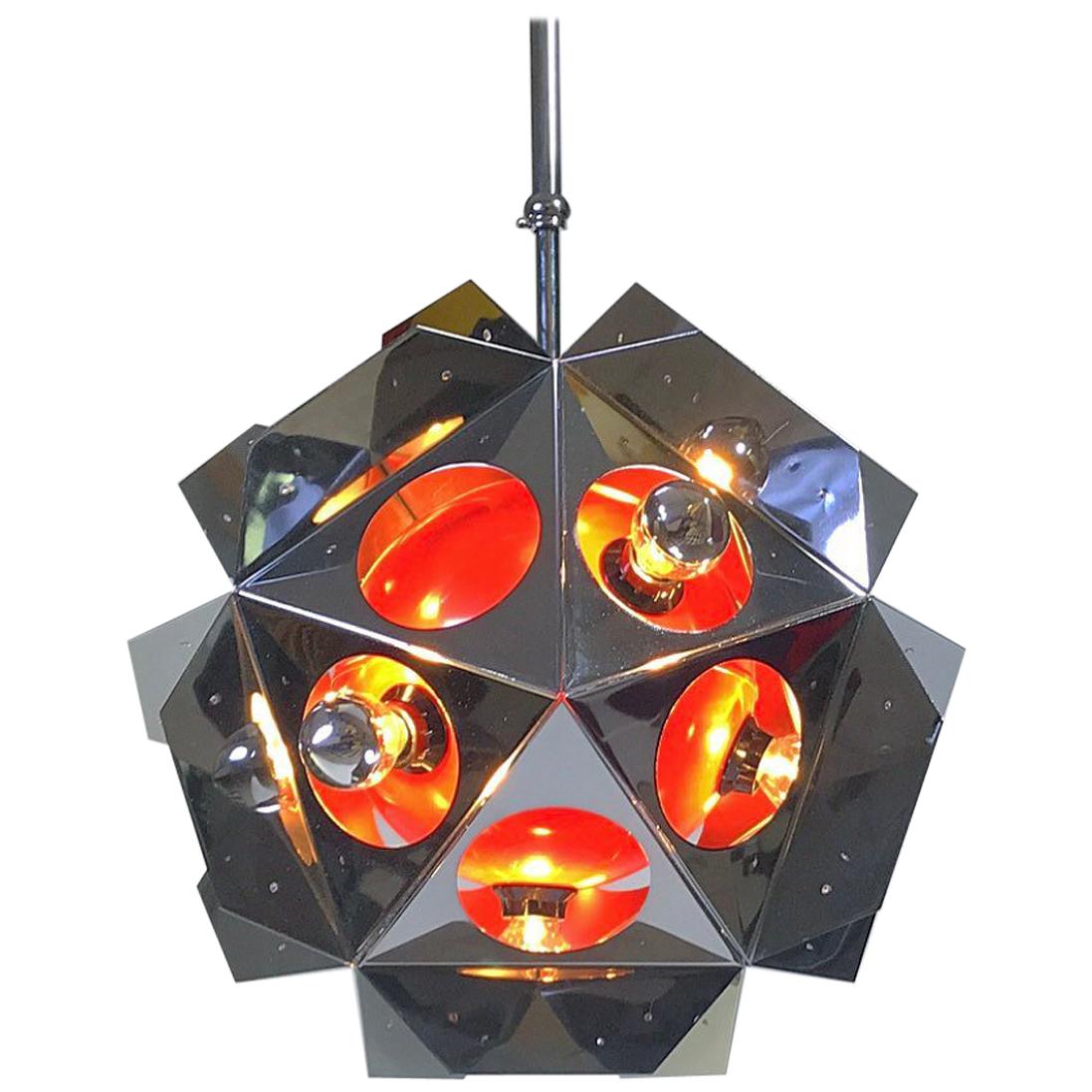 Paul De Haan Chrome & Orange Space Age Sputnik Ceiling Light, Mid-Century Modern