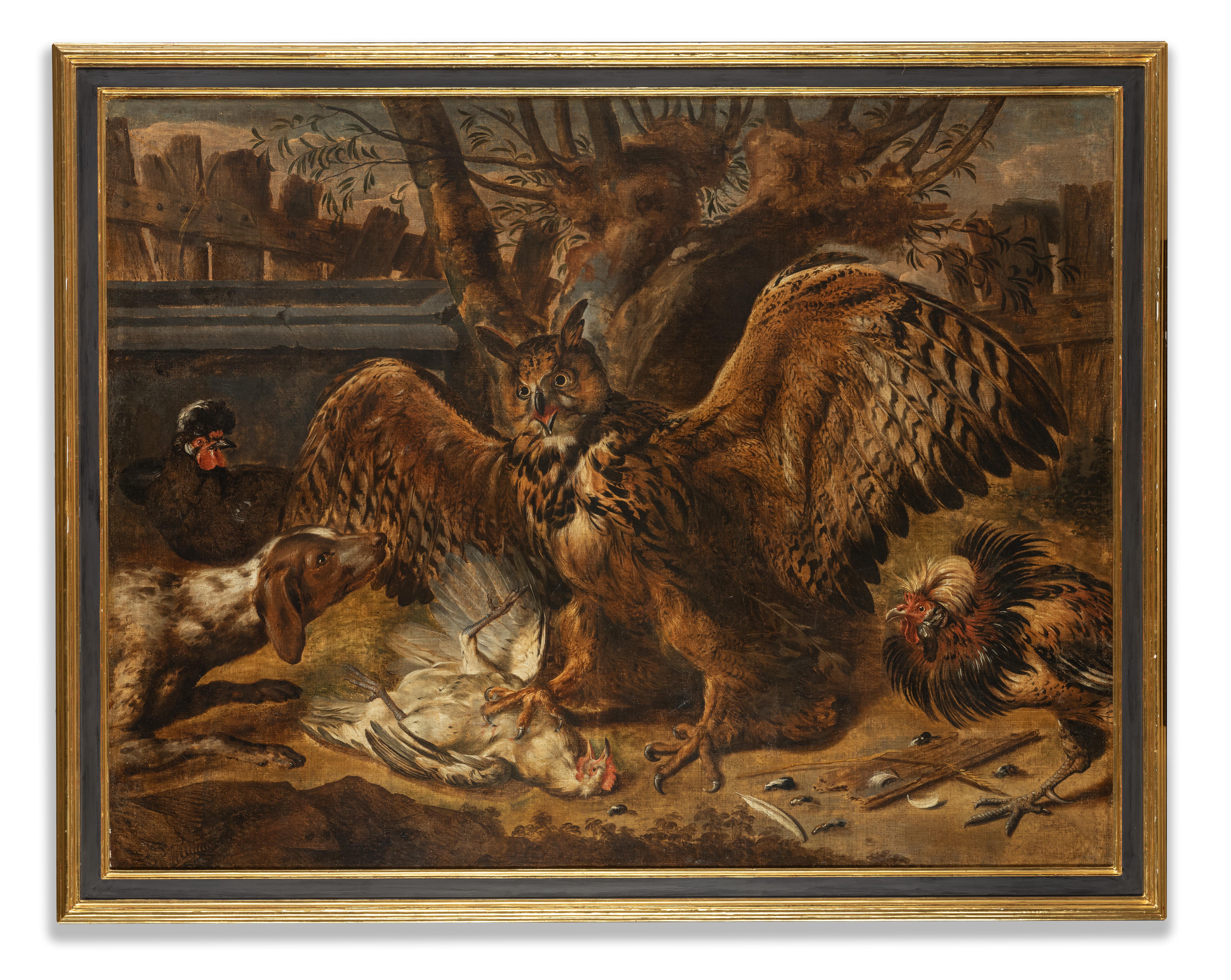 Paul De Vos, An eagle owl attacking a chicken in a farmyard, D' Hondecoeter - Painting by Paul de Vos