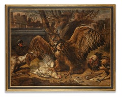 Paul De Vos, An eagle owl attacking a chicken in a farmyard, D' Hondecoeter