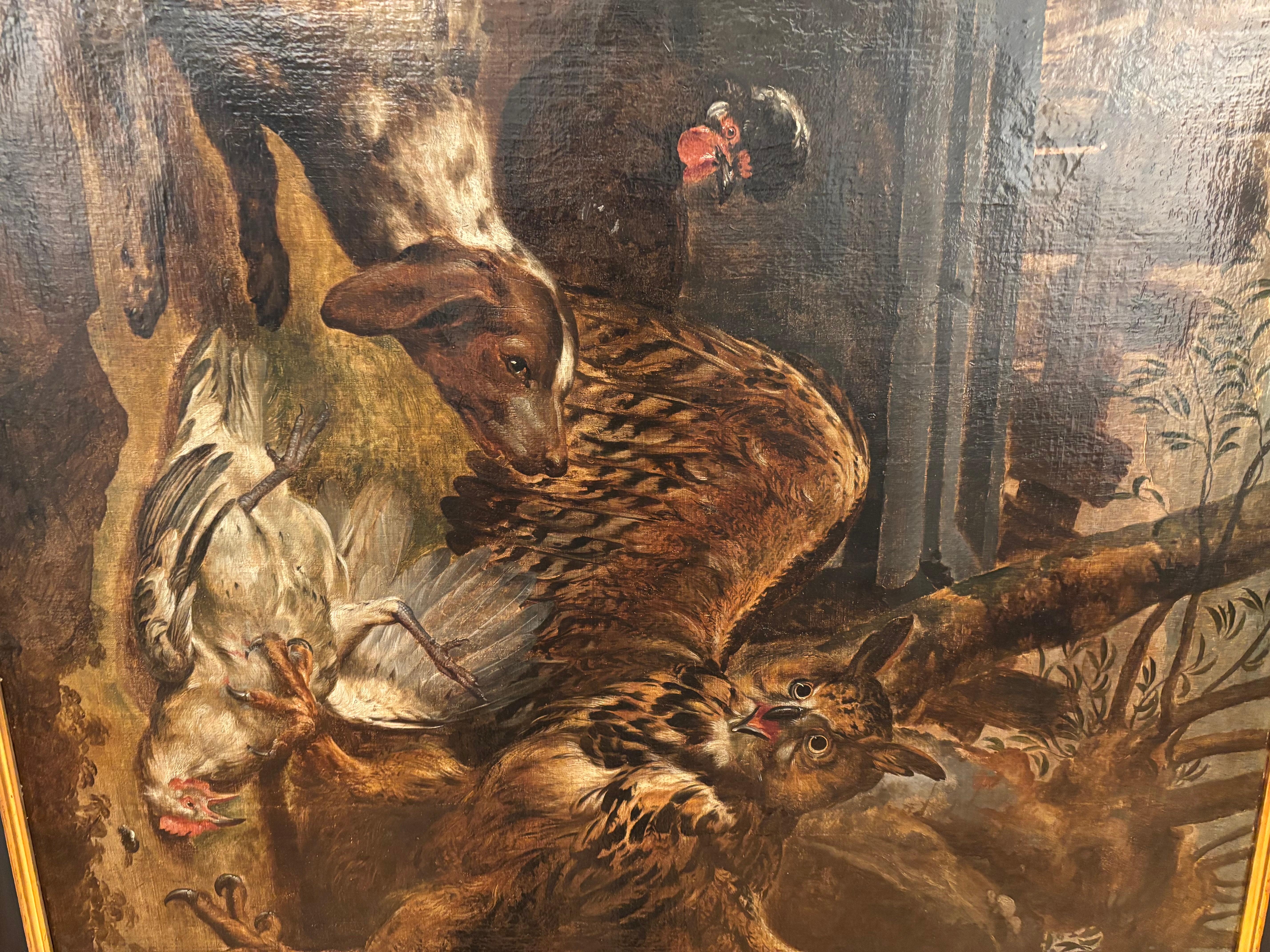 Paul De Vos, An eagle owl attacking a chicken in a farmyard, D' Hondecoeter - Brown Animal Painting by Paul de Vos