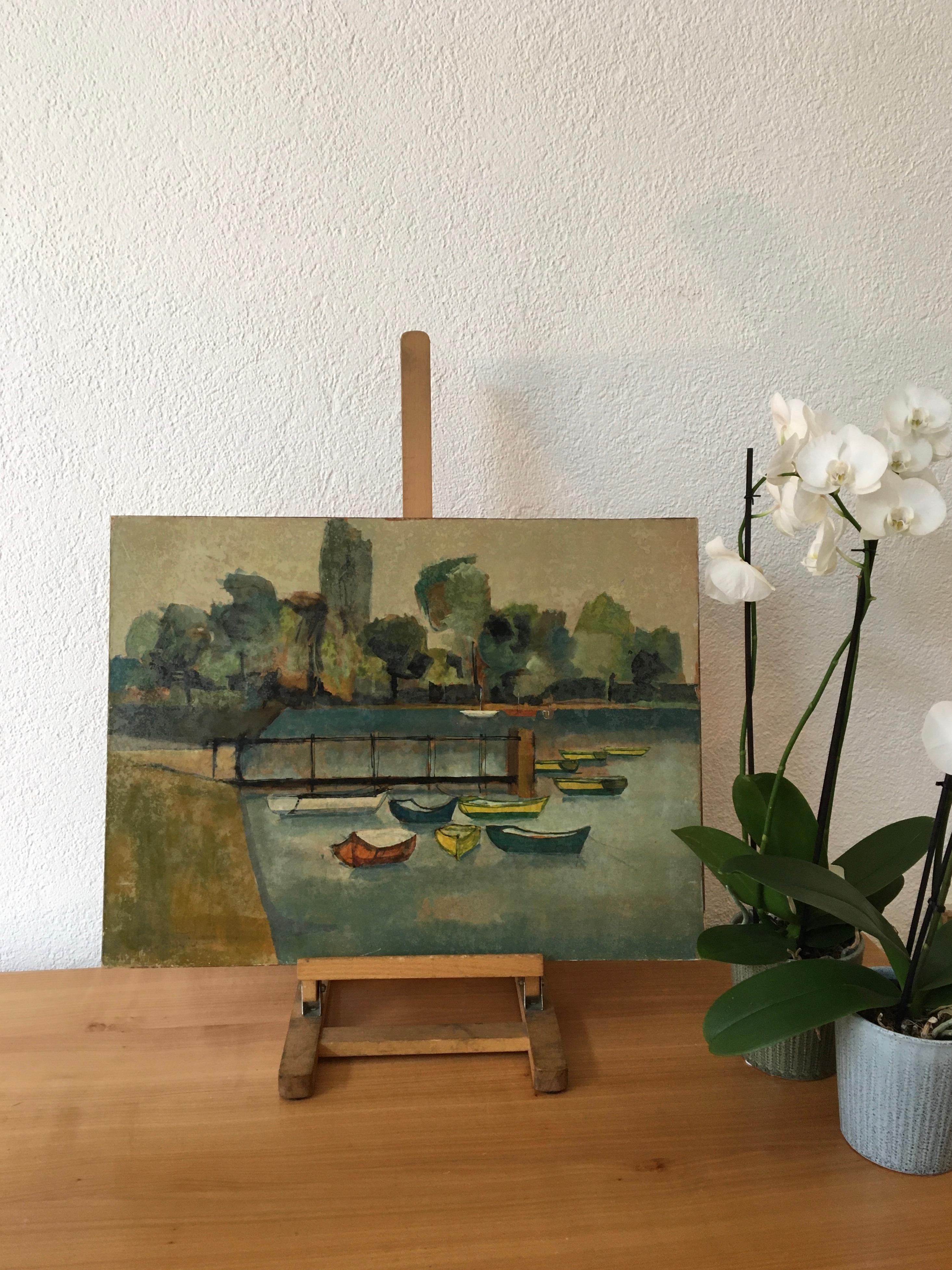 Boats and sailboats at the Belotte, Lake Geneva - Painting by Paul Delapoterie