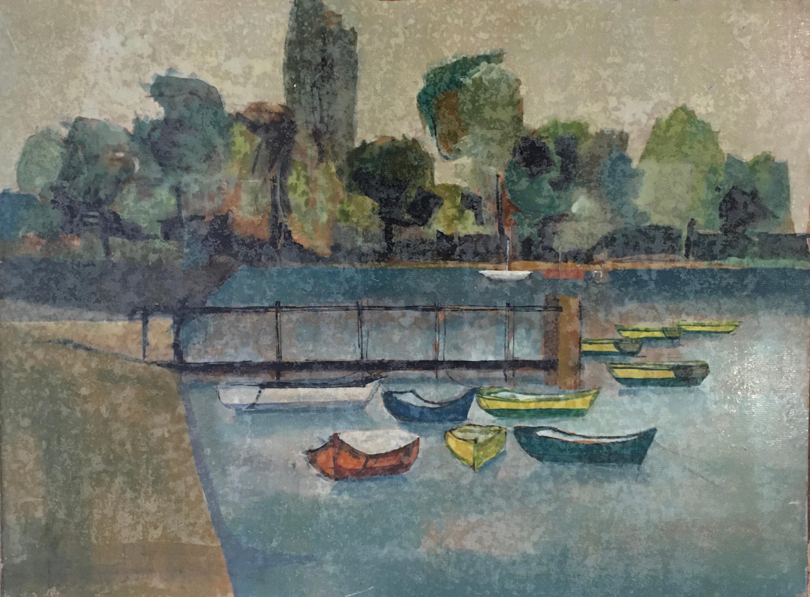 Paul Delapoterie Landscape Painting - Boats and sailboats at the Belotte, Lake Geneva