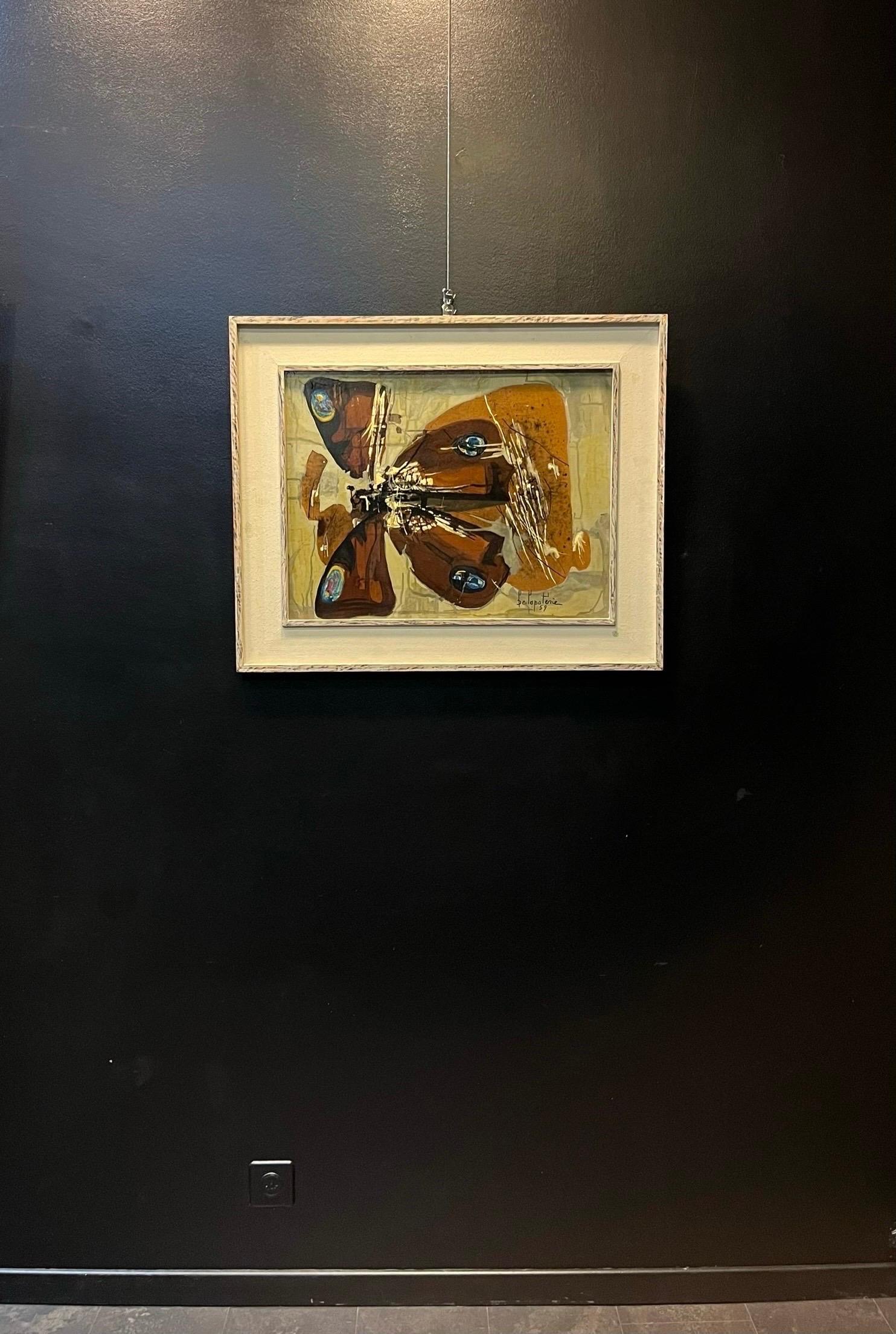 Butterfly di Paul Delapoterie - Olio su legno 49x63 cm in vendita 1