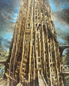 Grande Babel Large Tempera on Canvas Architecture Nature In Stock
