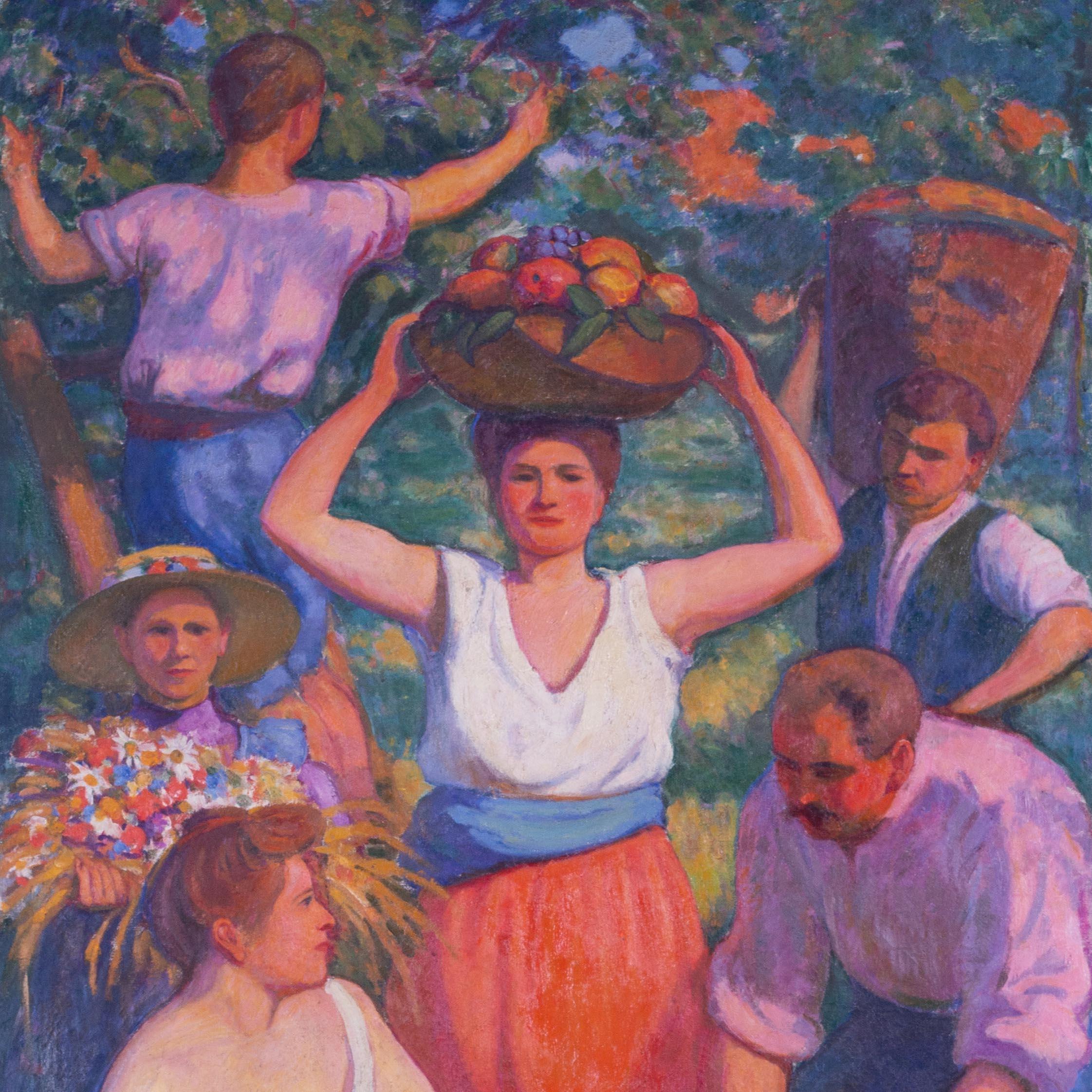 Grande peinture française du 20e siècle représentant des cueilleurs de fruits par Paul Deltombe en vente 1