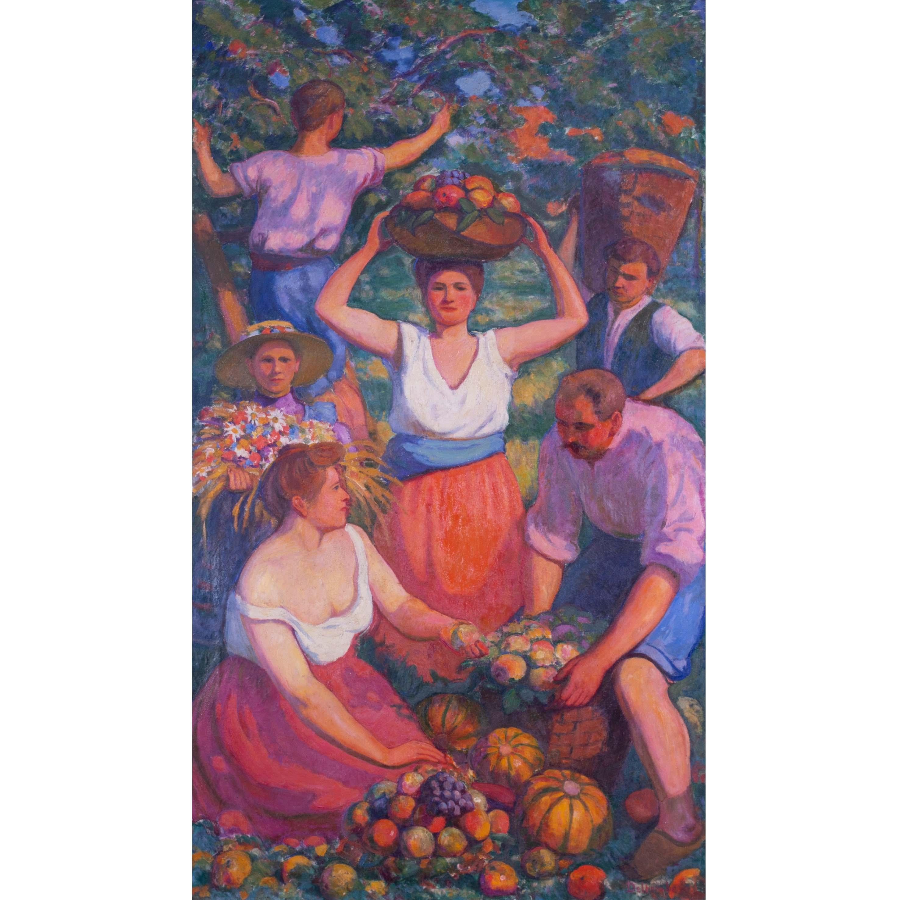Grande peinture française du 20e siècle représentant des cueilleurs de fruits par Paul Deltombe en vente 6