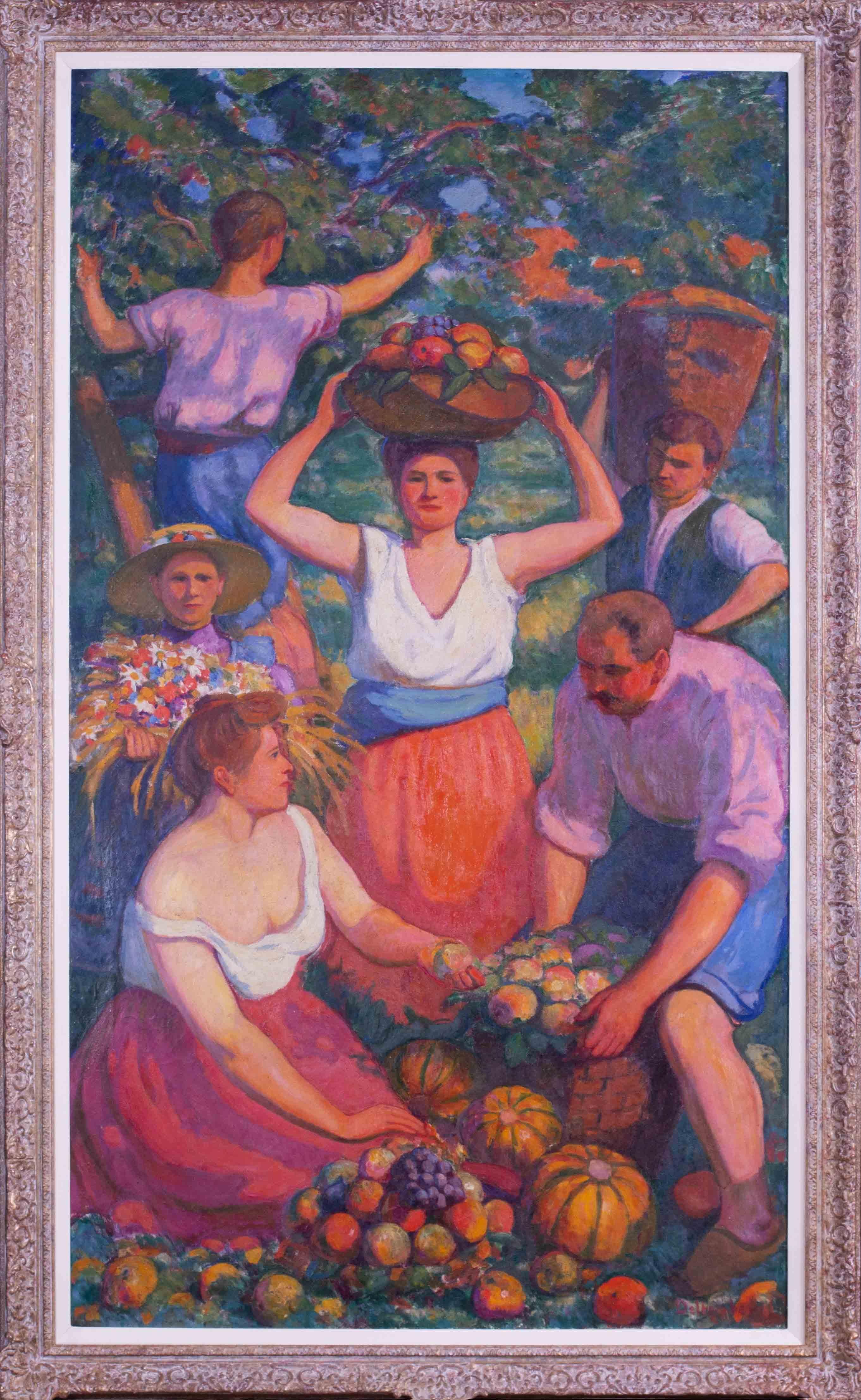 Paul Deltombe (français, 1878 - 1978)
Allégorie des recoltes
Huile sur toile
Signé "Deltombe" (en bas à droite)
68 x 38.3/8in. (172.8 x 97.5cm.)

Cette toile monumentale de Paul Deltombe présente une célébration allégorique de la récolte, imprégnée