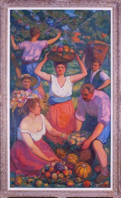 Grande peinture française du 20e siècle représentant des cueilleurs de fruits par Paul Deltombe