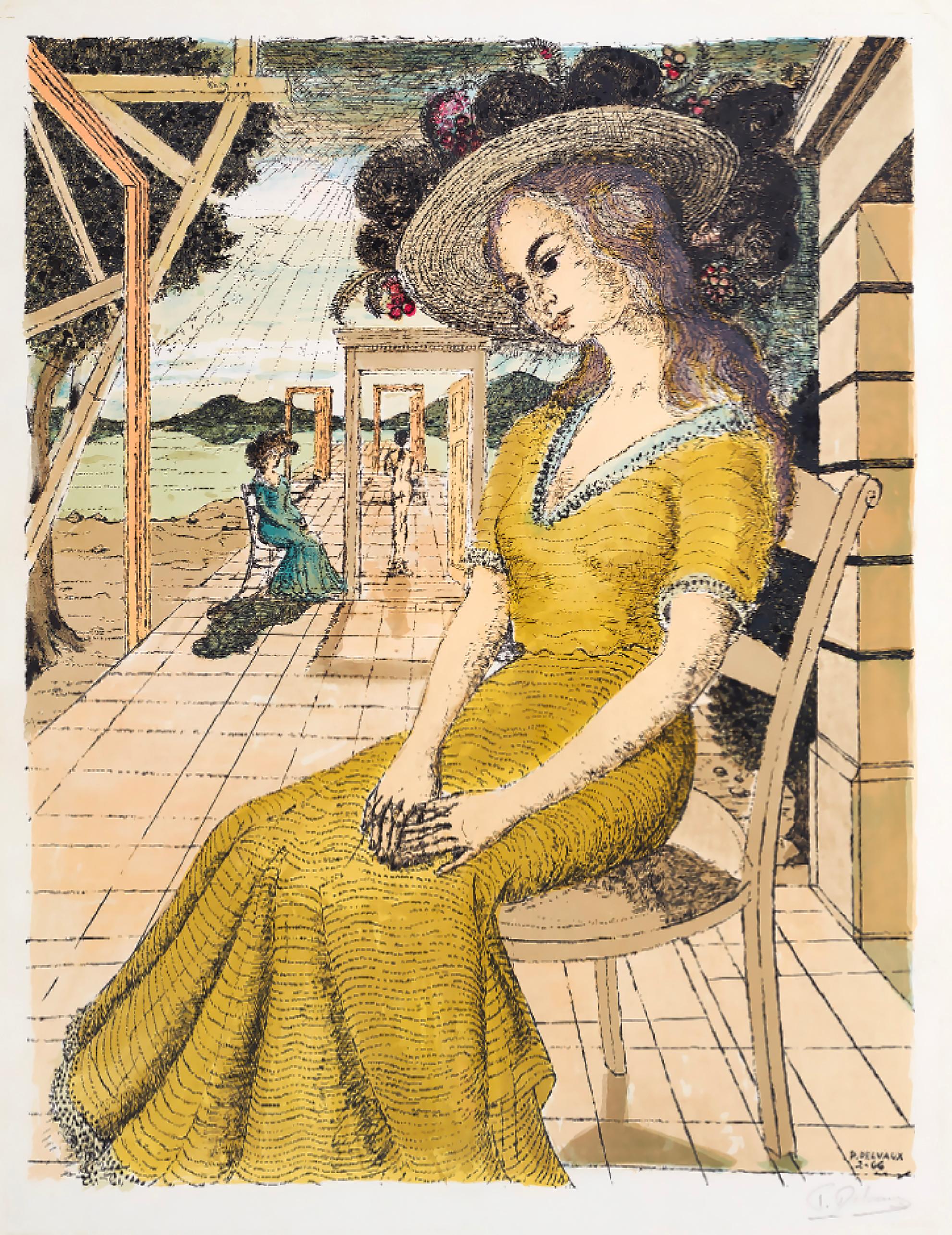 Paul Delvaux Portrait Print - Anne Lost in Thoughts ( Anne Songeuse ) (Pensive Anne),