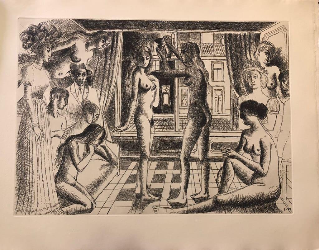 Construction d’un temple – Plate n. 10  is a  b/w   original etching  realized in 1973 (as reported on plate on the lower right margin) by Paul Delvaux.

From the collection “ Construction d’un temple en ruine à la déesse Vanadé ”, this outstanding