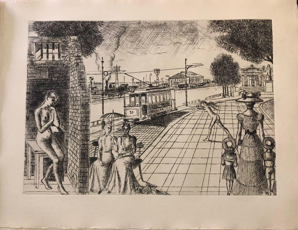 Construction d’un temple – Plate n. 9  is a b/w original etching realized in 1972 (as stated on plate on the lower right margin) by Paul Delvaux.

From the collection “ Construction d’un temple en ruine à la déesse Vanadé ”, this complex