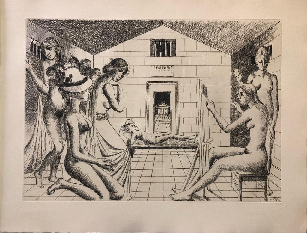 Construction d’un temple – Plate n. 3  is a b/w original etching realized in 1973 (as reported on plate on the lower right margin) by Paul Delvaux.

From the collection “ Construction d’un temple en ruine à la déesse Vanadé ”, this wonderful