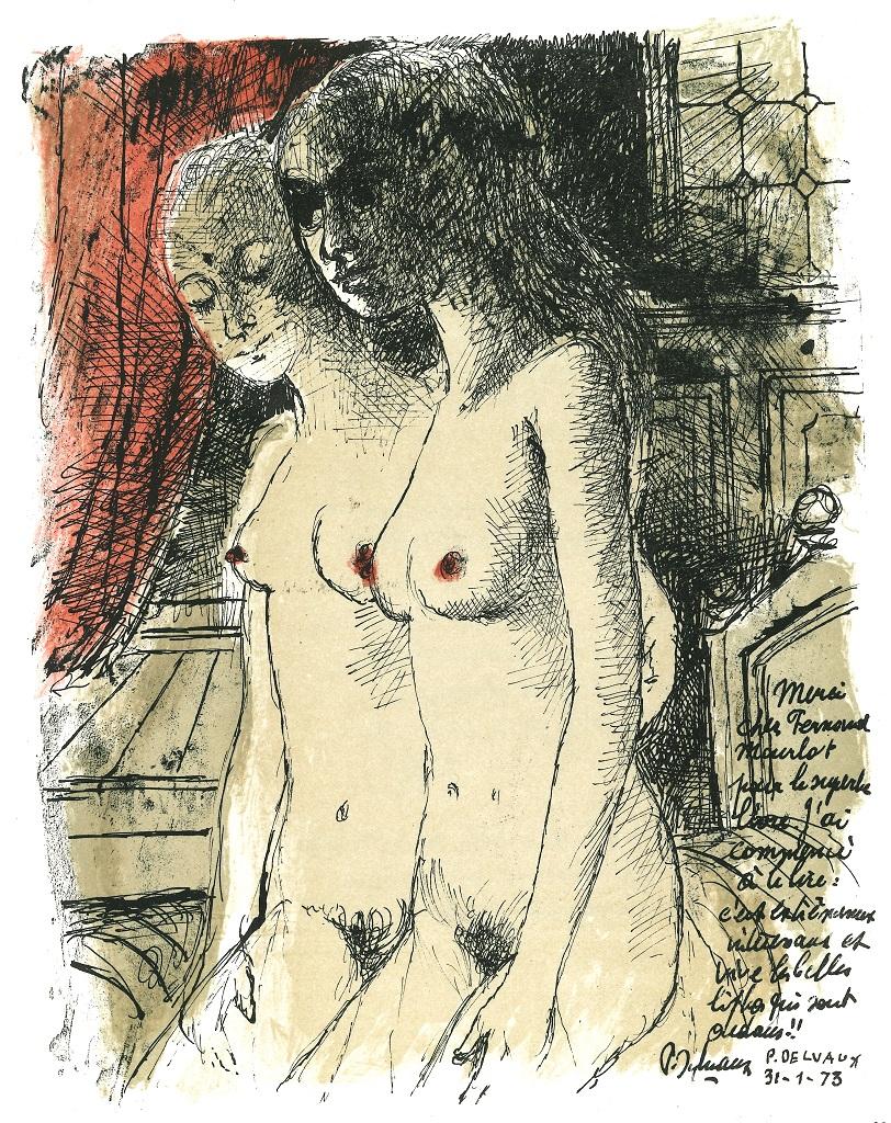 Composition is a mixed colored lithograph realized after Paul Delvaux by atelier Mourlot.

The artwork is from A même la pierre, Fernand Mourlot Lithographe, Pierre Bordas & Fils, Paris 1982.

Dedication by the artist to Mourlot printed on