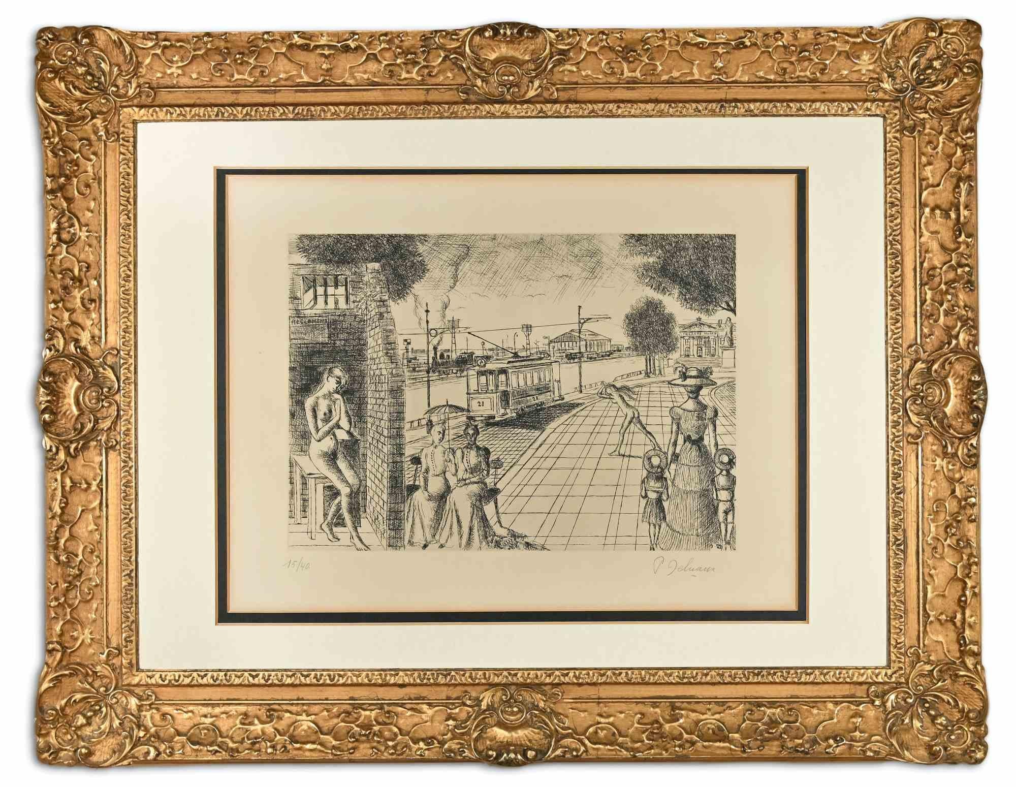  Entracte is an original modern artwork realized by Paul Delvaux in 1975.

Black and white etching on vélin d'Auvergne du Moulin Richard de Bas.

Hand signed and numbered on the lower margin.

Edition of 15/40.

The artwork belongs to the suite