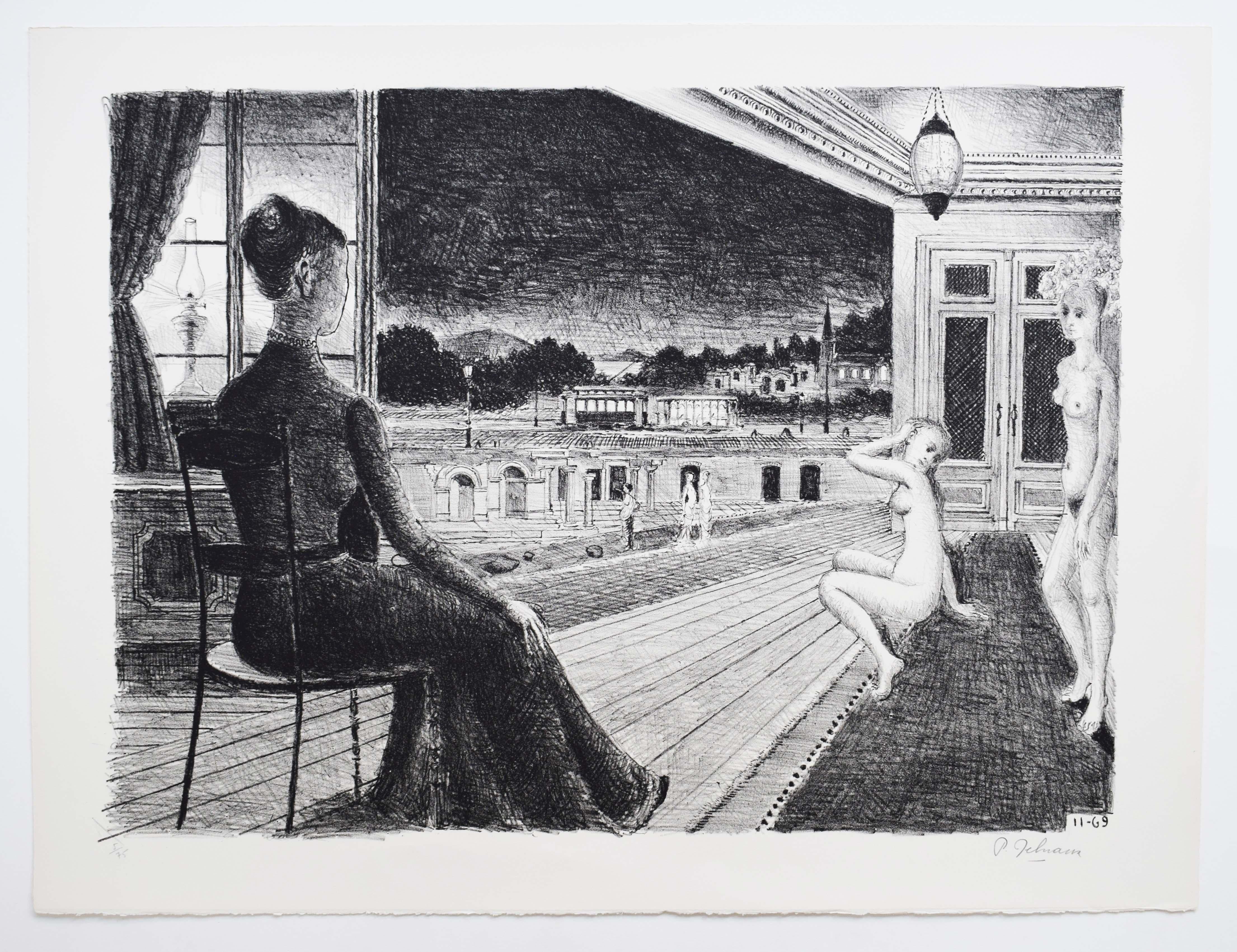 Frente a mi ciudad - Paisaje urbano del surrealismo belga - Print de Paul Delvaux