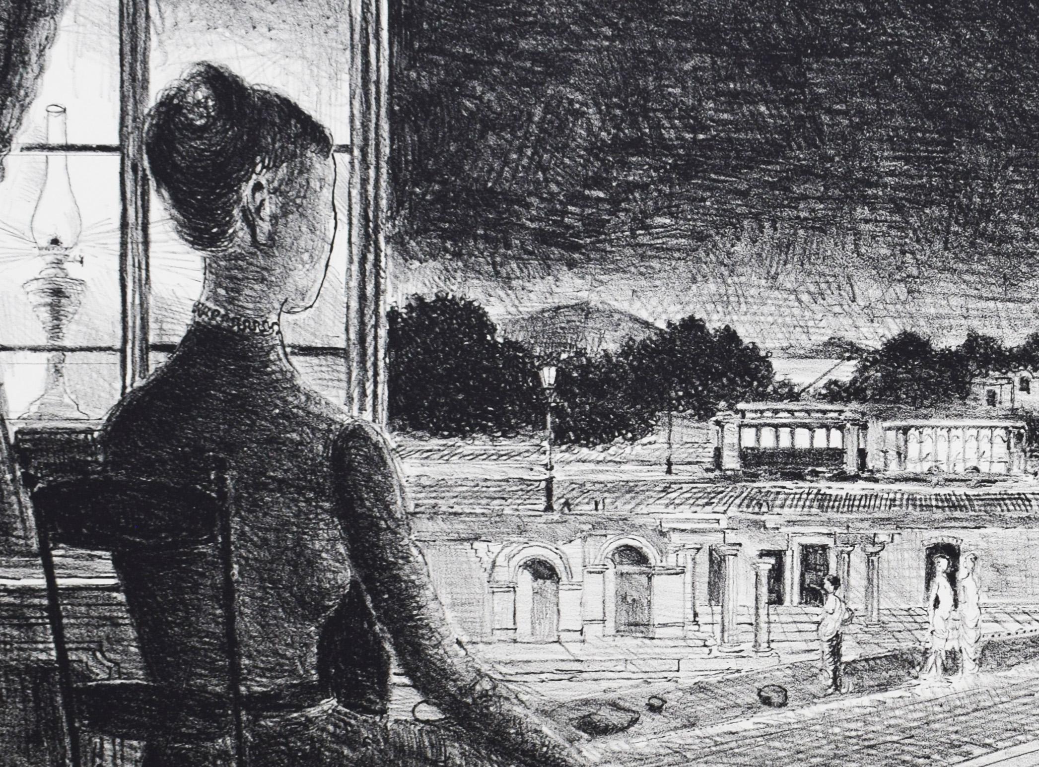 Frente a mi ciudad - Paisaje urbano del surrealismo belga - Print Negro de Paul Delvaux