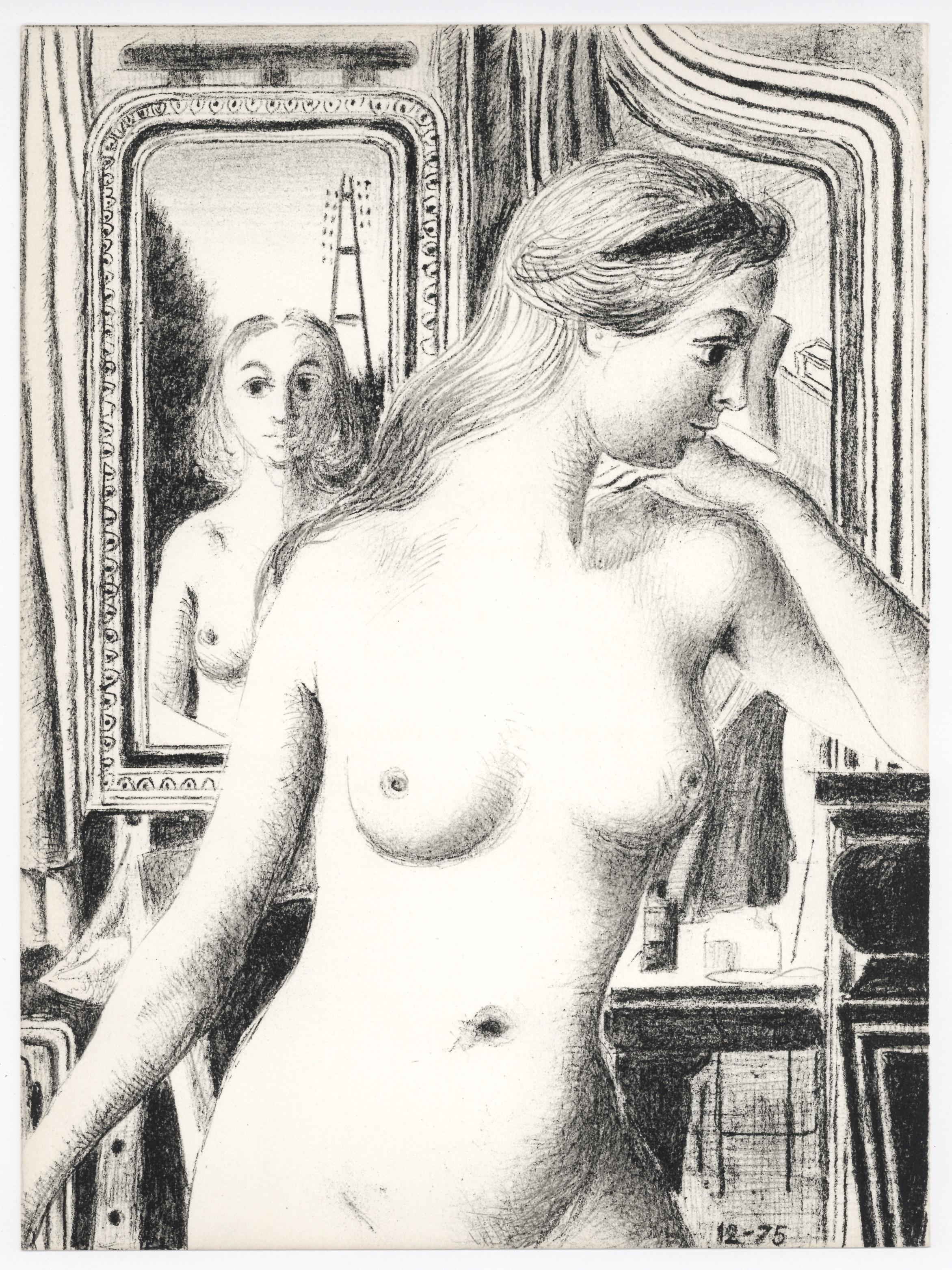 "La Reflection" original lithograph - Print by Paul Delvaux