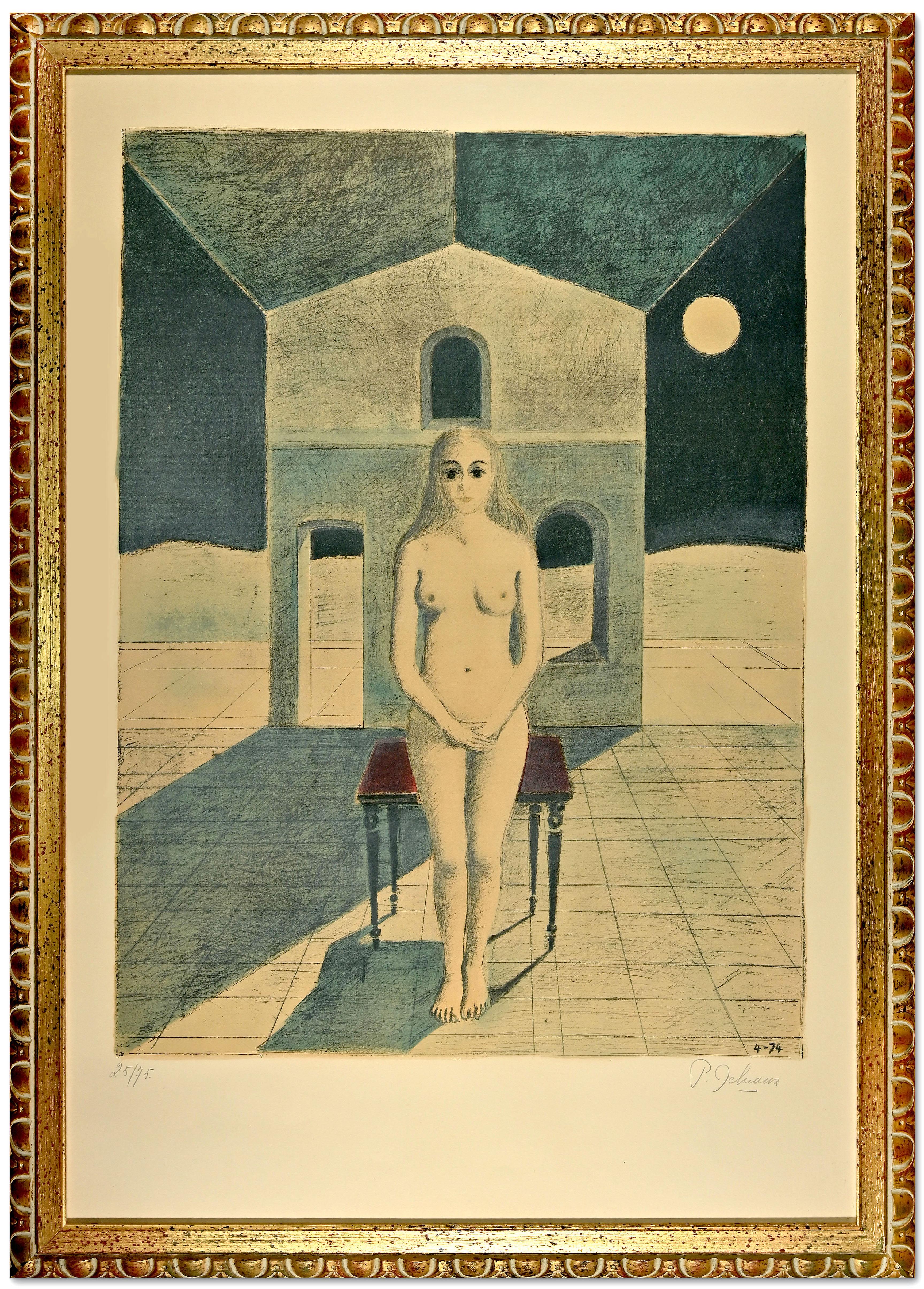  La Voyante ist ein originelles zeitgenössisches Kunstwerk von Paul Delvaux aus dem Jahr 1974.

Farblithographie auf Arches-Papier.

Handsigniert und nummeriert am unteren Rand, Auflage 25/75. 

Gute Bedingungen.

Inklusive vergoldetem Holzrahmen: