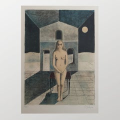 Lithograph of naked woman sitting on a bench, called 'La Voyante'