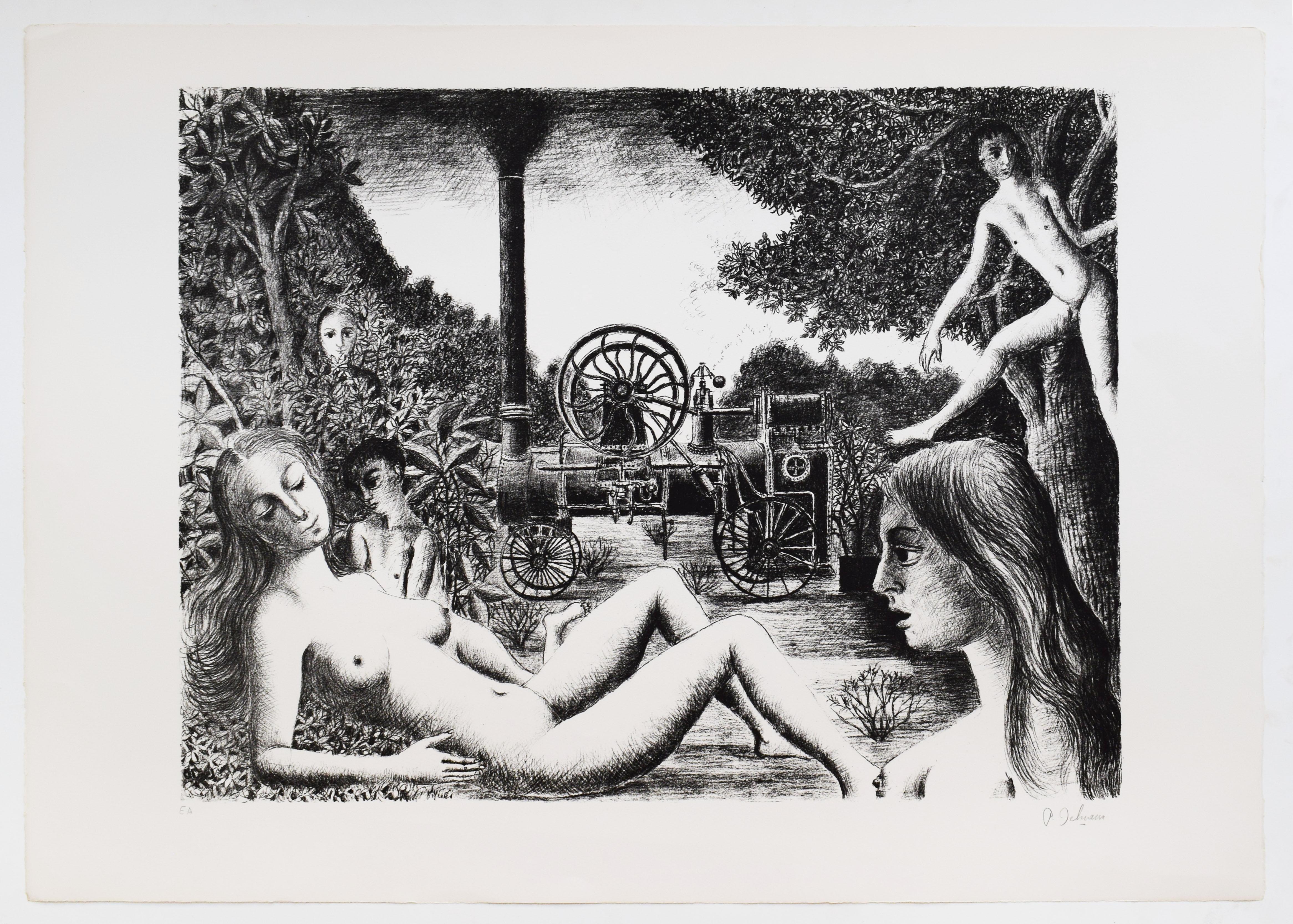 Locomobile - Nudi industriali belgi del surrealismo - Print di Paul Delvaux